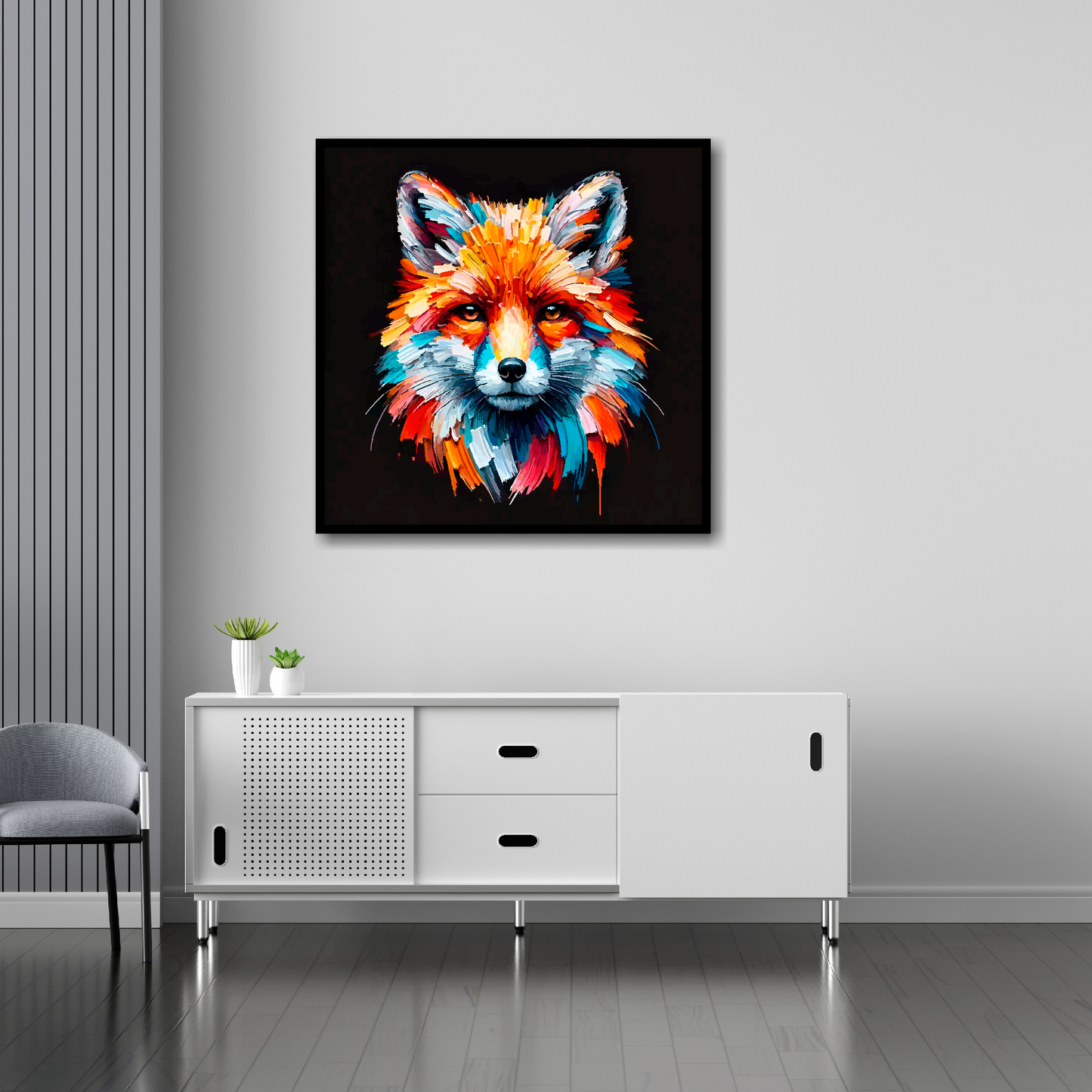 Fox canvas 30x30 inches above sideboard - large colourful wildlife portrait UK made