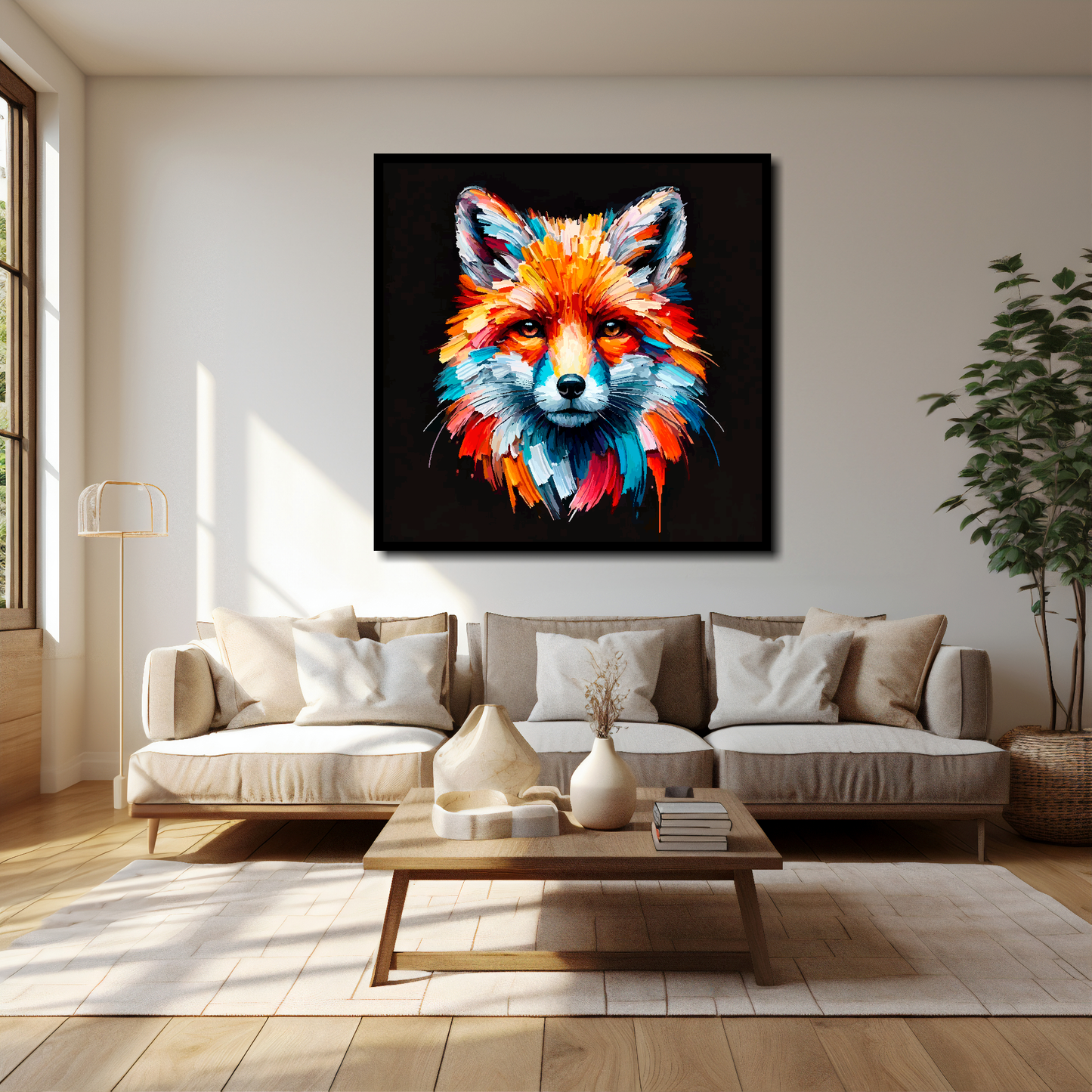 Fox canvas 40x40 inches above cream sofa - XL vibrant wildlife wall art UK