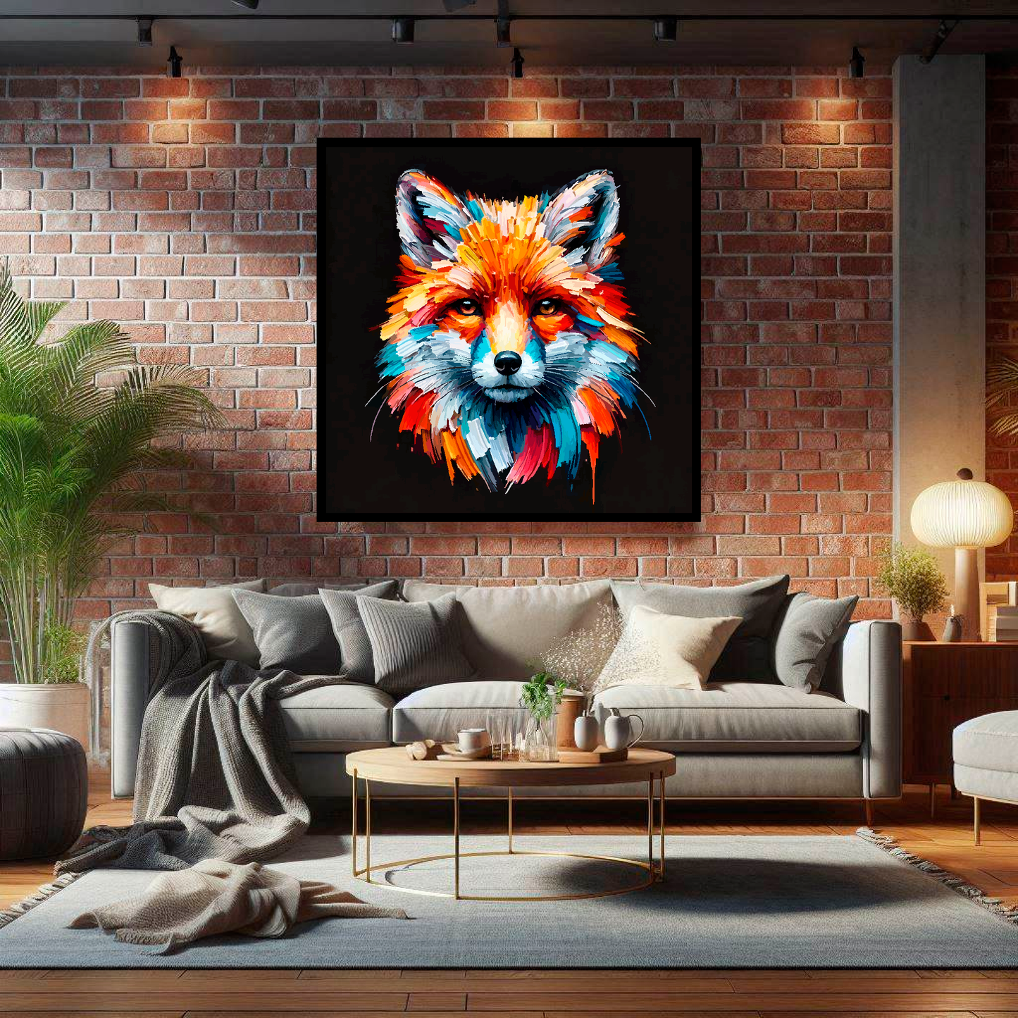 Large Fox canvas on brick wall above grey sofa - bold wildlife portrait UK living room