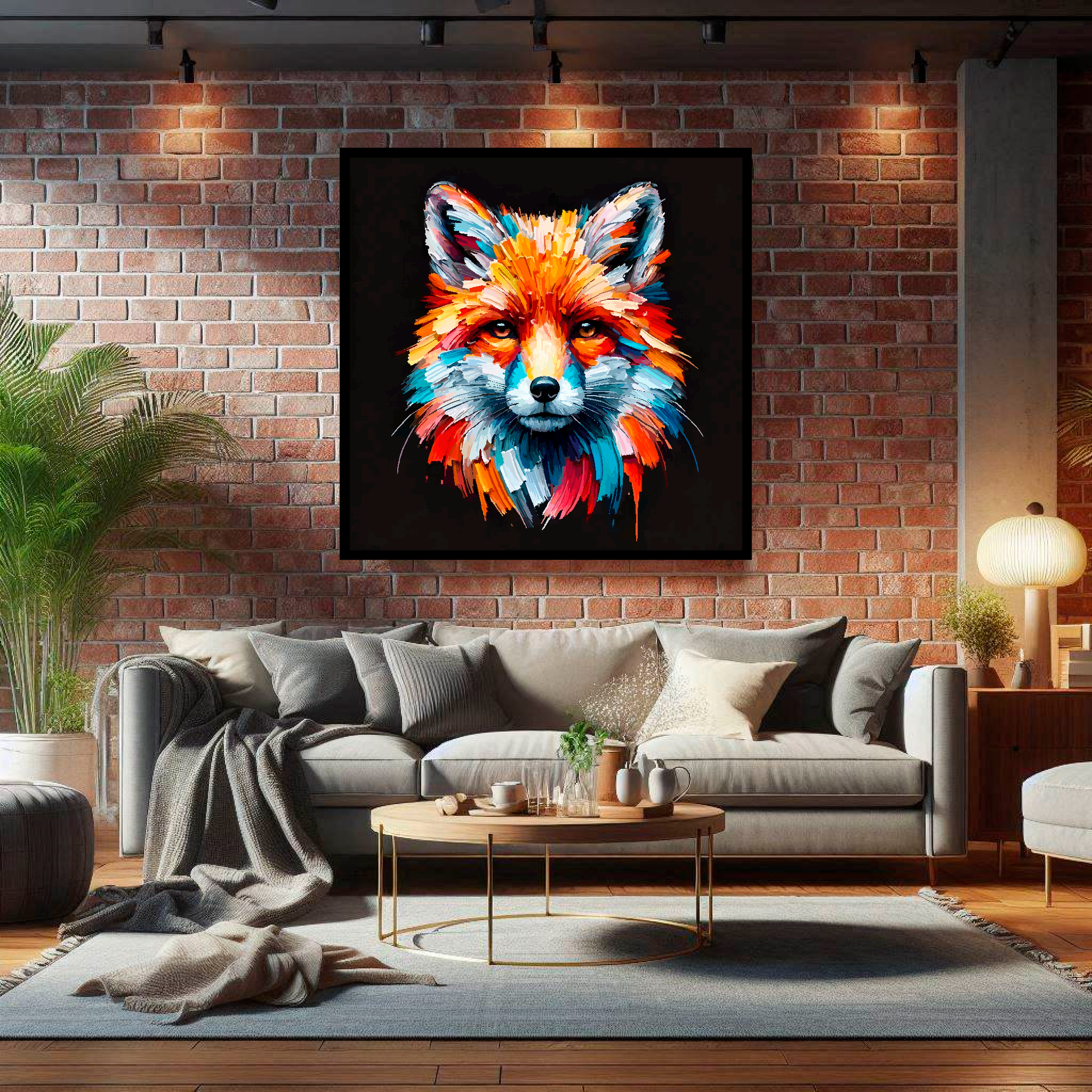 Large Fox canvas on brick wall above grey sofa - bold wildlife portrait UK living room
