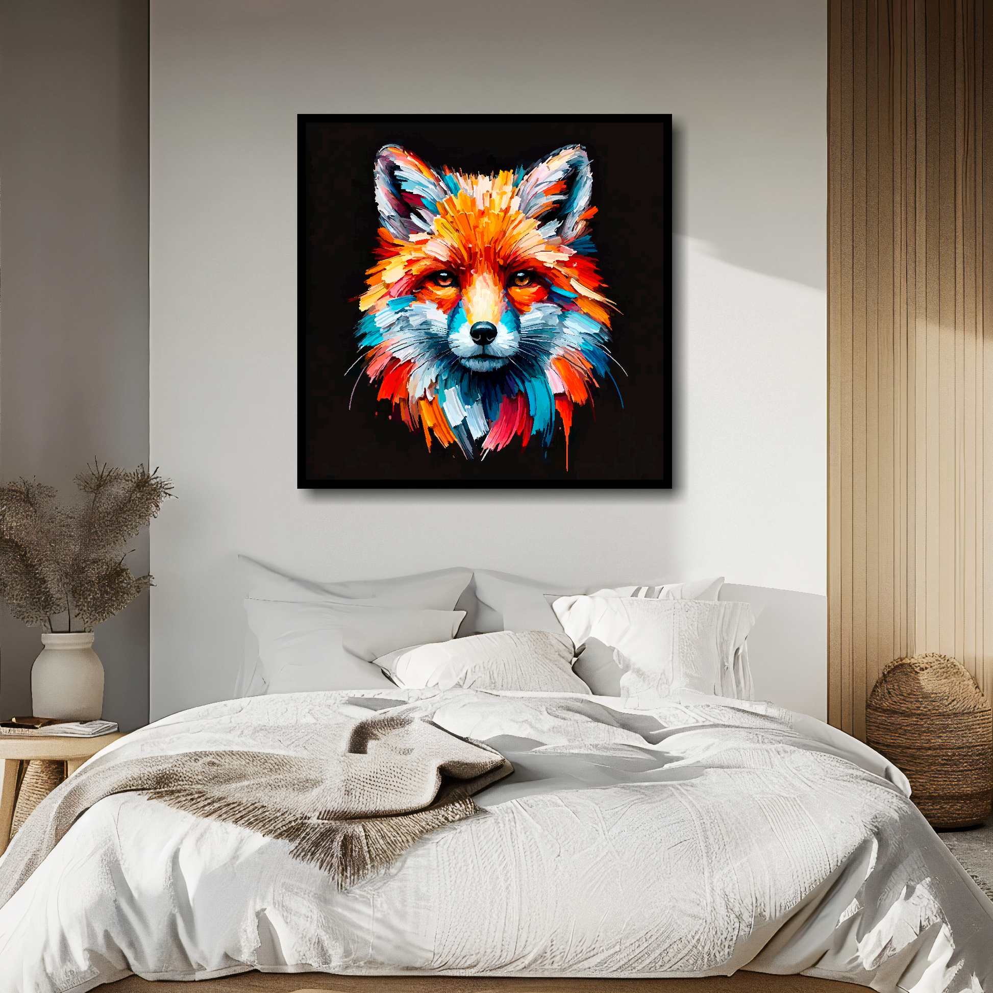 Fox portrait canvas above bed - colourful wildlife wall decor for UK bedrooms