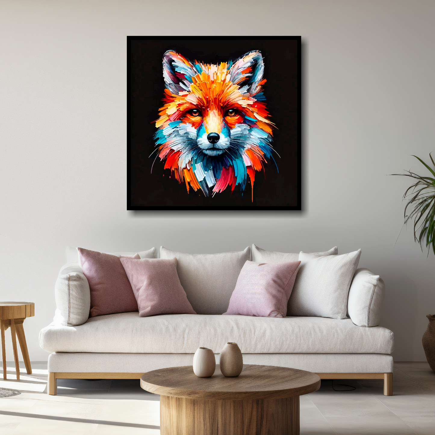 Large Fox canvas above white sofa - vibrant abstract wildlife portrait wall art UK