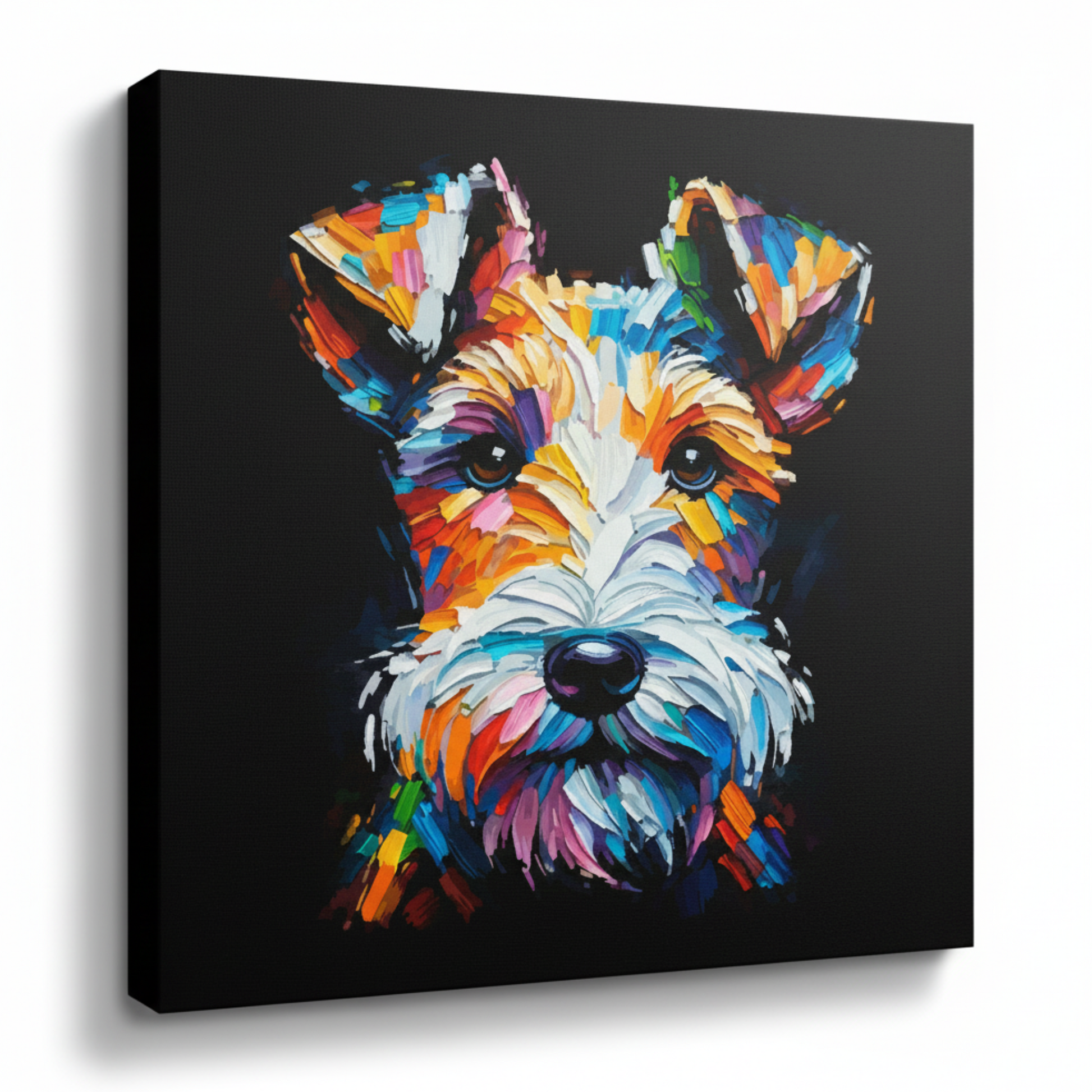 Colourful Fox Terrier dog portrait canvas print - UK made abstract pet wall art black background