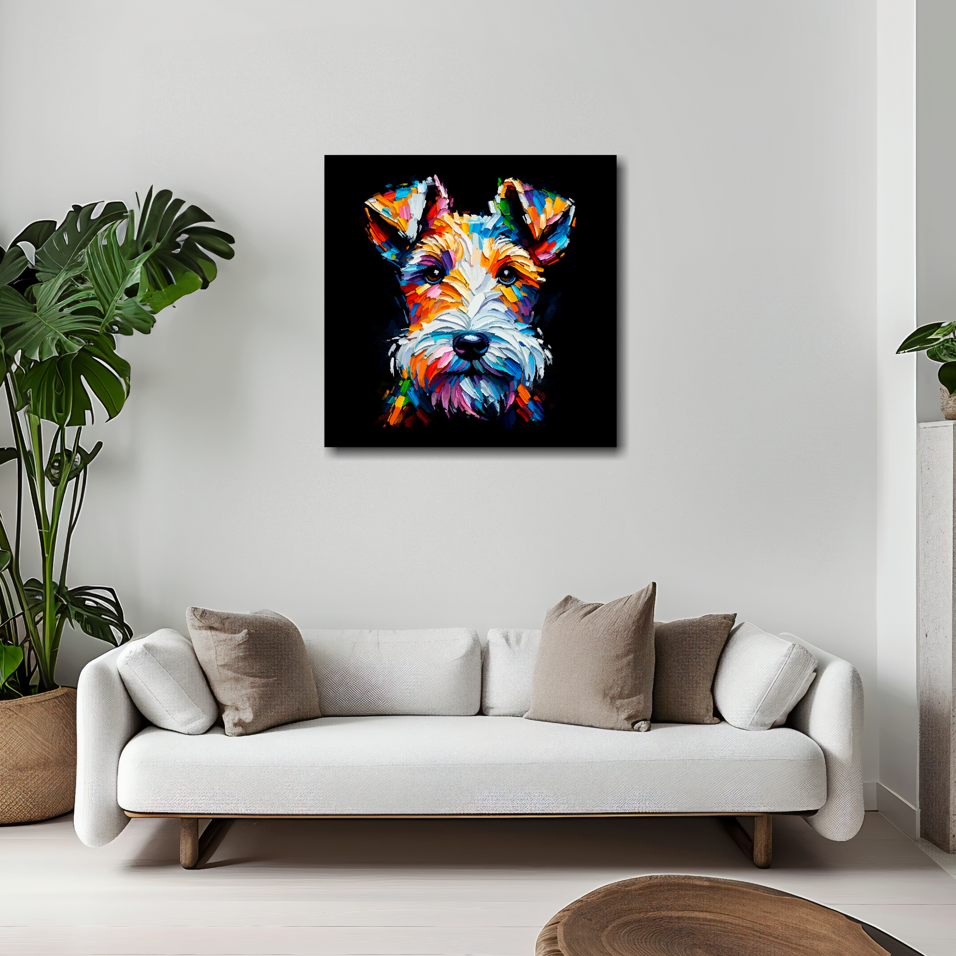 Fox Terrier canvas 20x20 inches above white sofa - vibrant dog portrait wall art UK