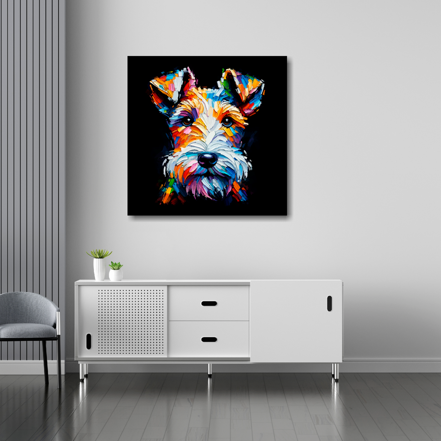 Fox Terrier canvas 30x30 inches above sideboard - large colourful dog portrait UK made