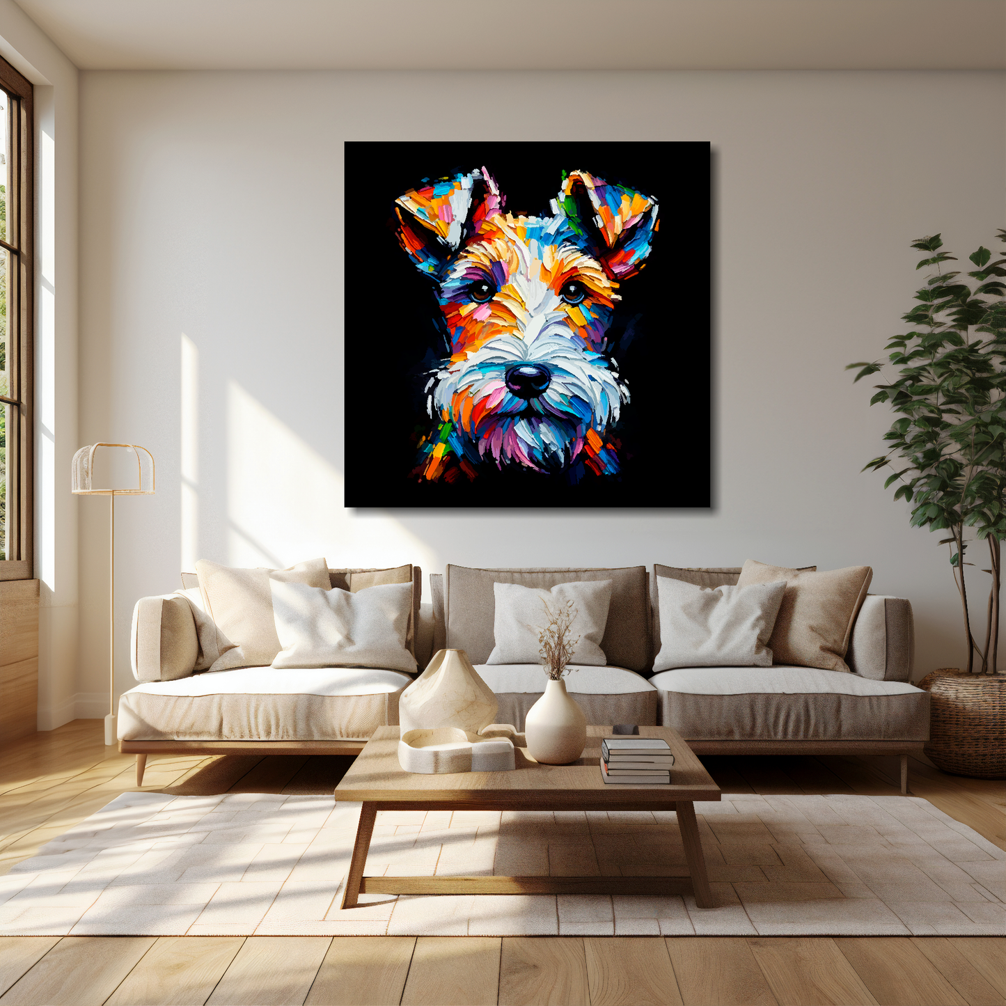 Fox Terrier canvas 40x40 inches above cream sofa - XL vibrant dog wall art UK