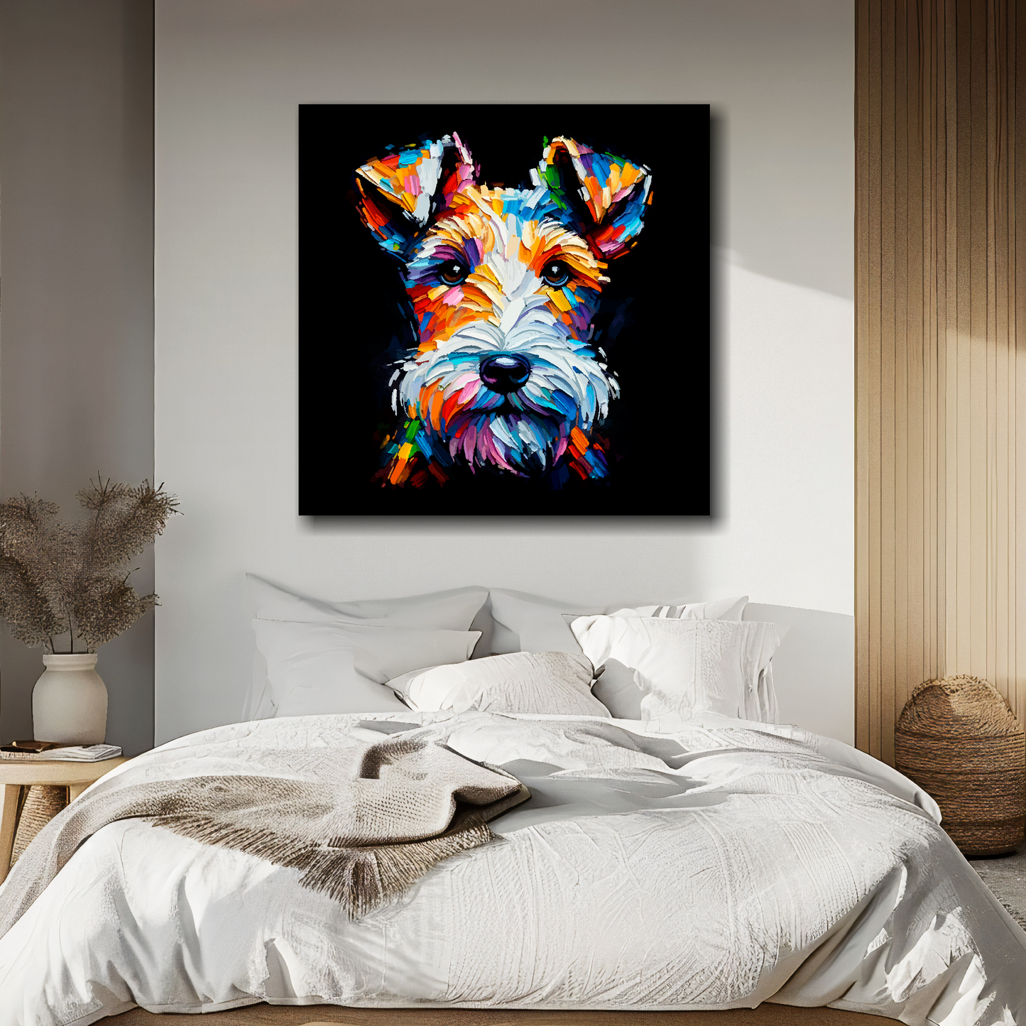 Fox Terrier portrait canvas above bed - colourful dog wall decor for UK bedrooms