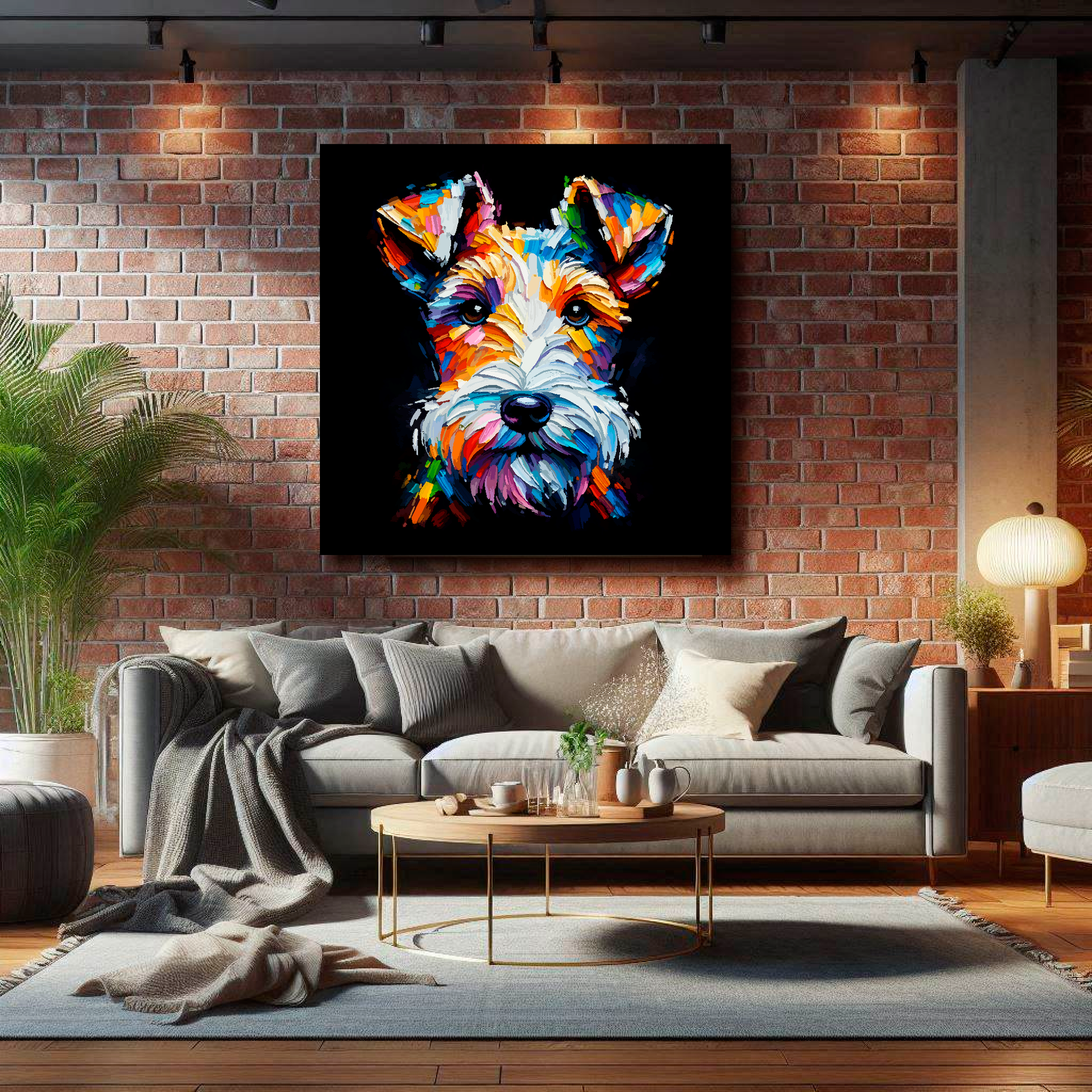 Large Fox Terrier canvas on brick wall above grey sofa - bold dog portrait UK living room
