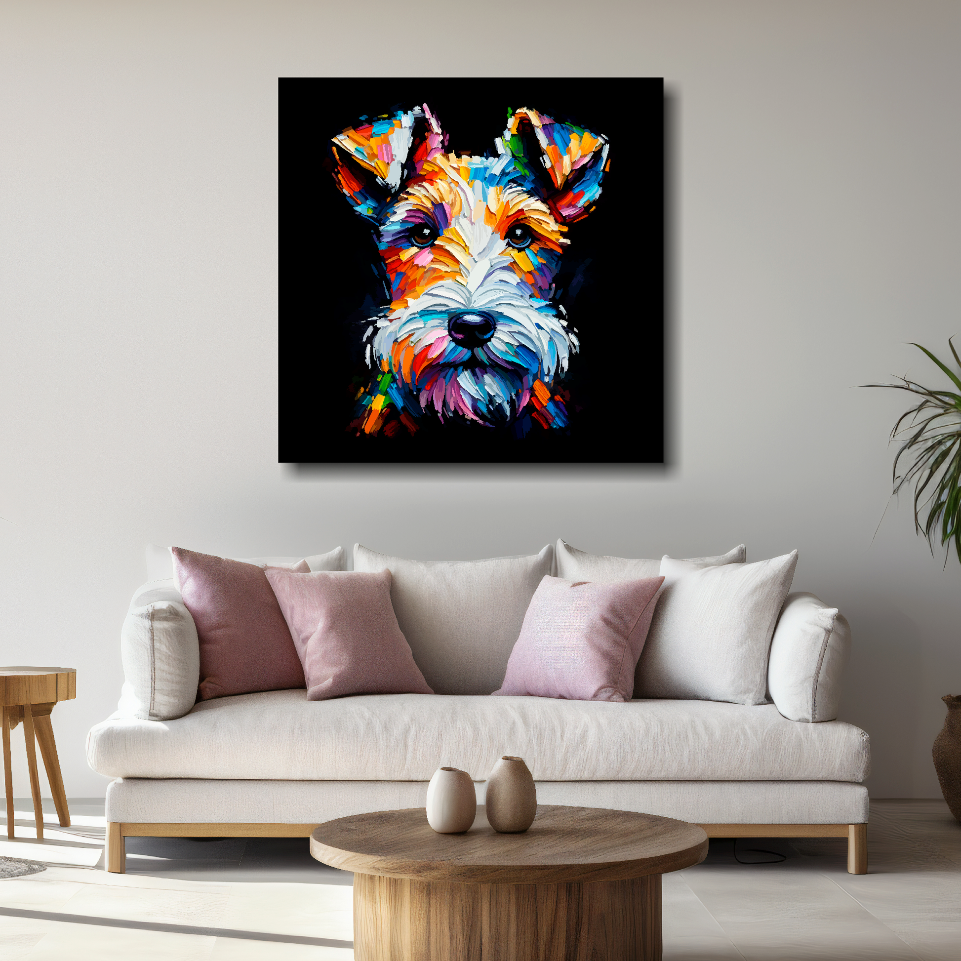Large Fox Terrier canvas above white sofa - vibrant abstract dog portrait wall art UK