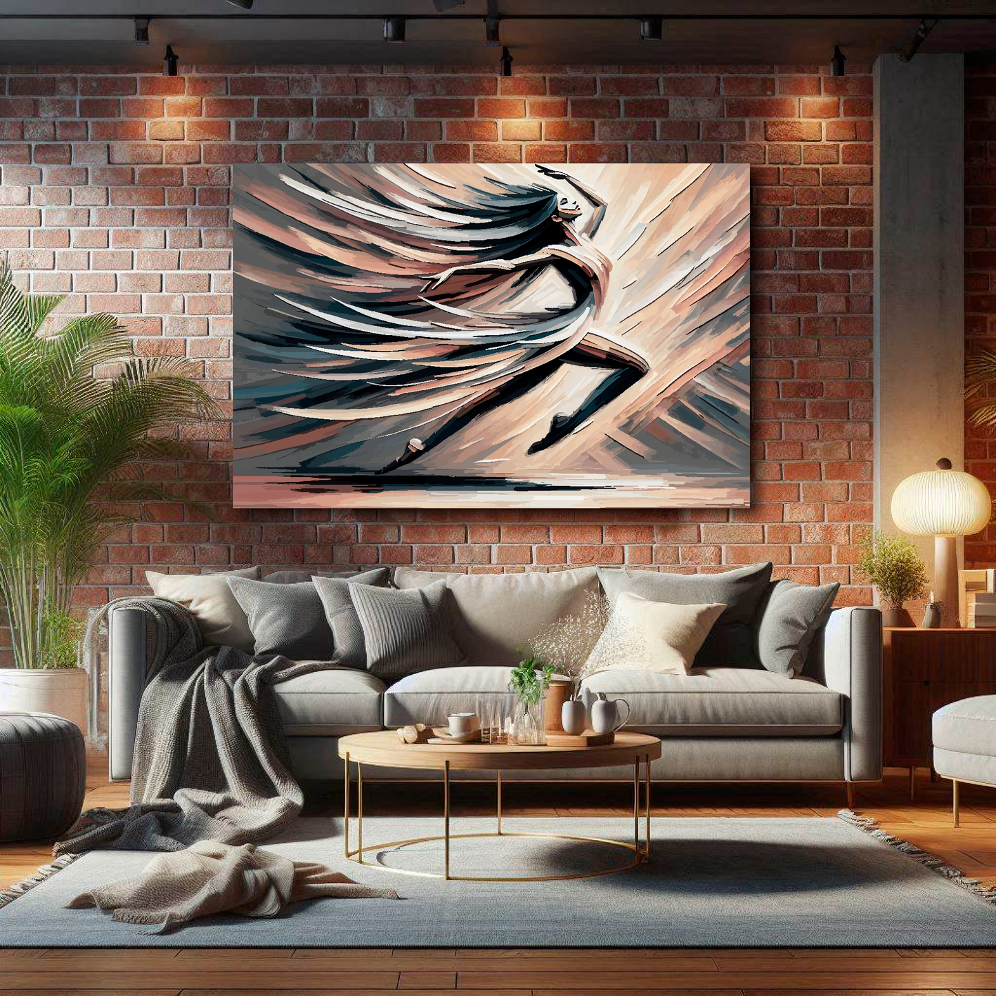 Large free to dance canvas on brick wall above grey sofa - bold dance art UK living room