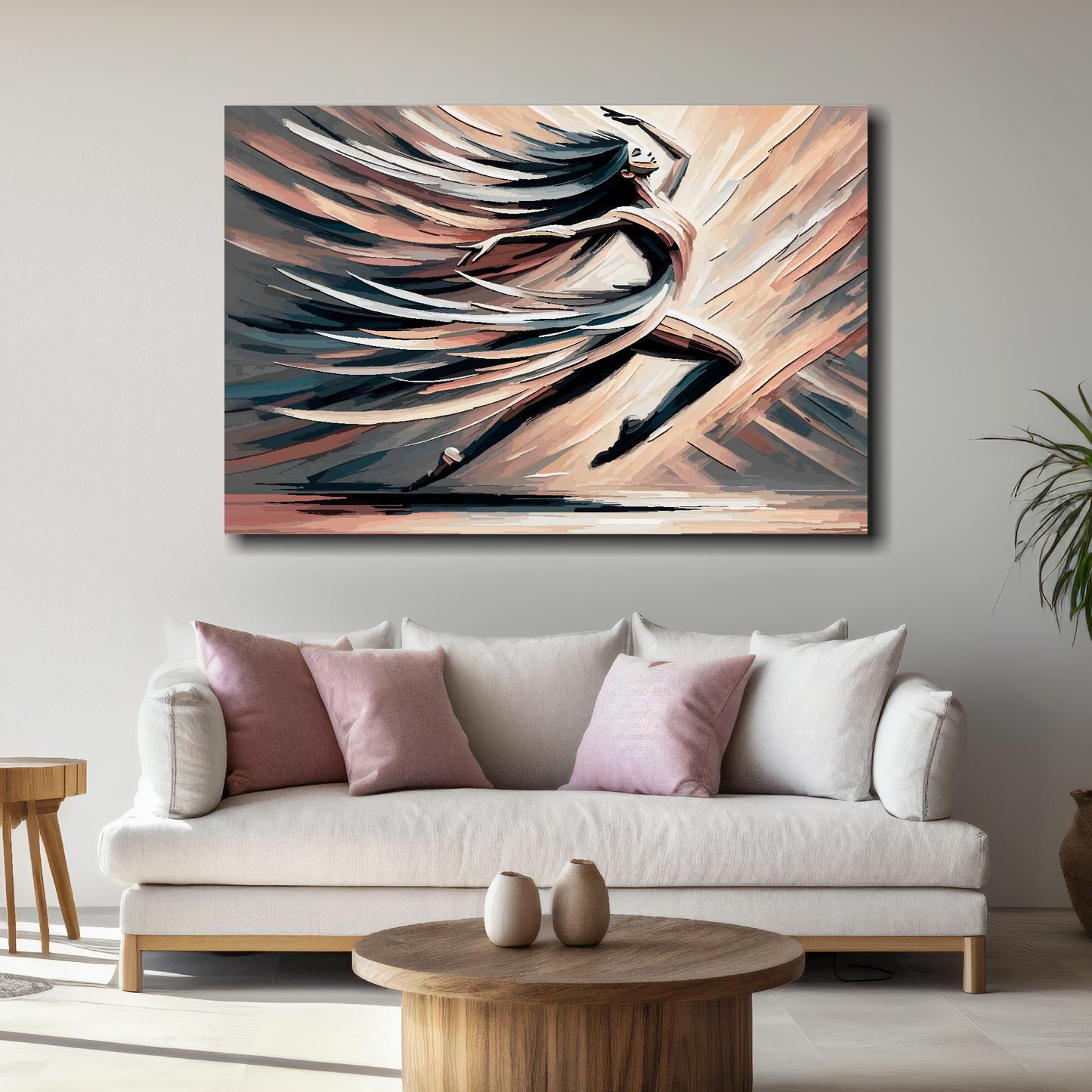 Large free to dance canvas above white sofa - vibrant abstract dance wall art UK