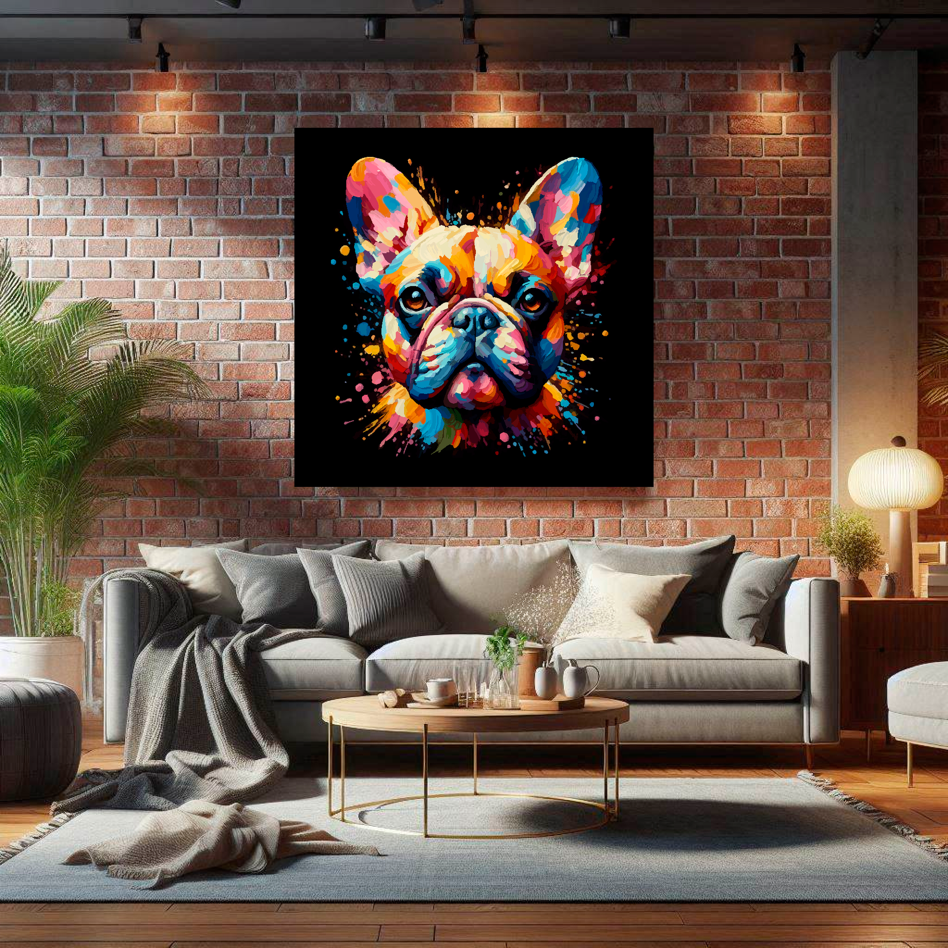 Large French Bulldog canvas on brick wall above grey sofa - bold dog portrait UK living room