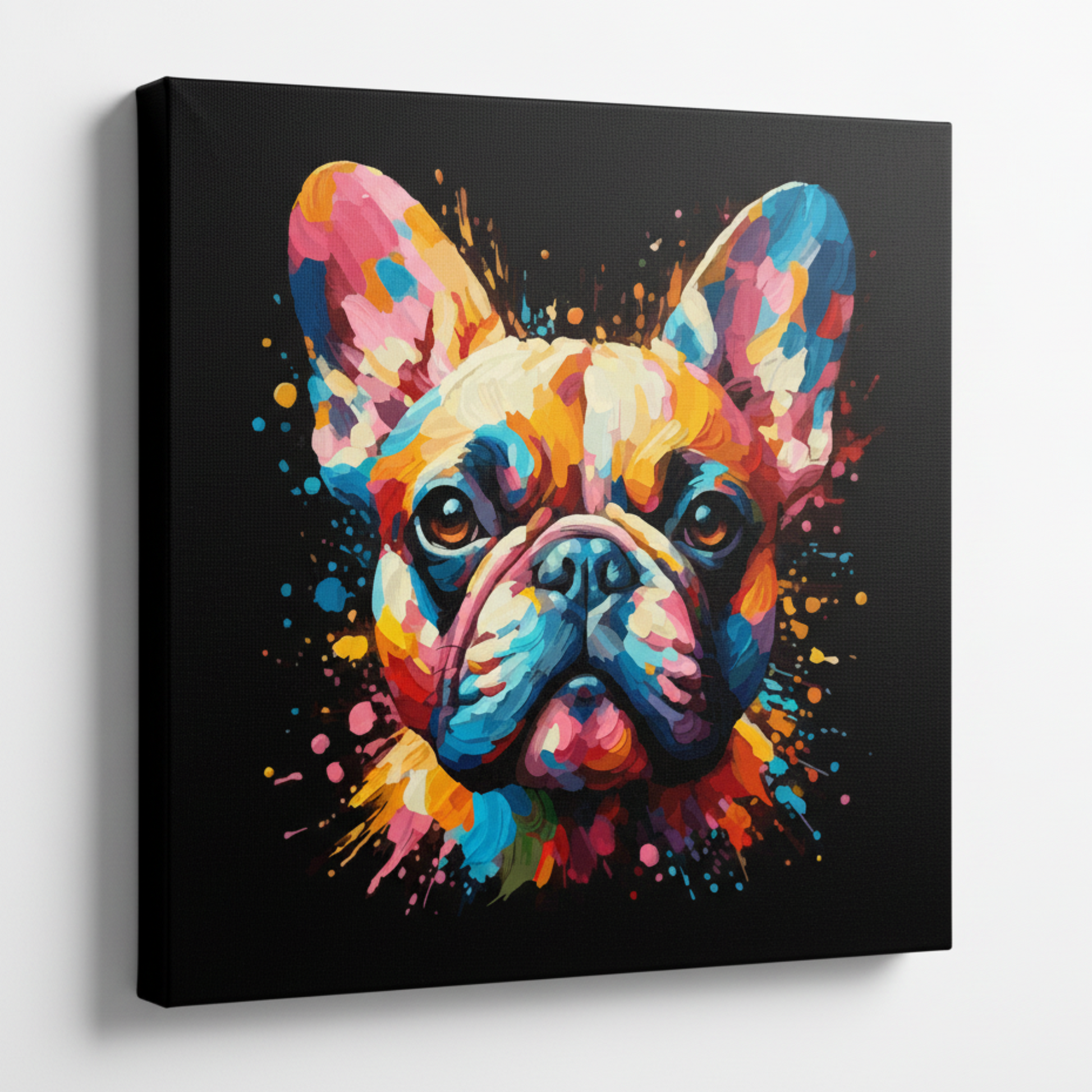 Colourful French Bulldog dog portrait canvas print - UK made abstract pet wall art black background