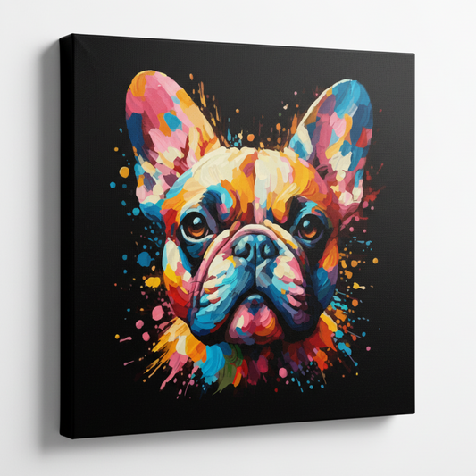 Colourful French Bulldog dog portrait canvas print - UK made abstract pet wall art black background