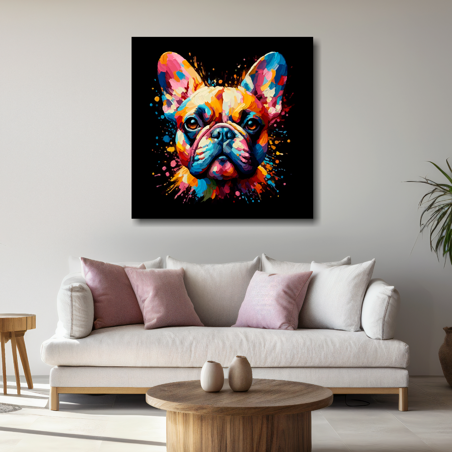 Large French Bulldog canvas above white sofa - vibrant abstract dog portrait wall art UK