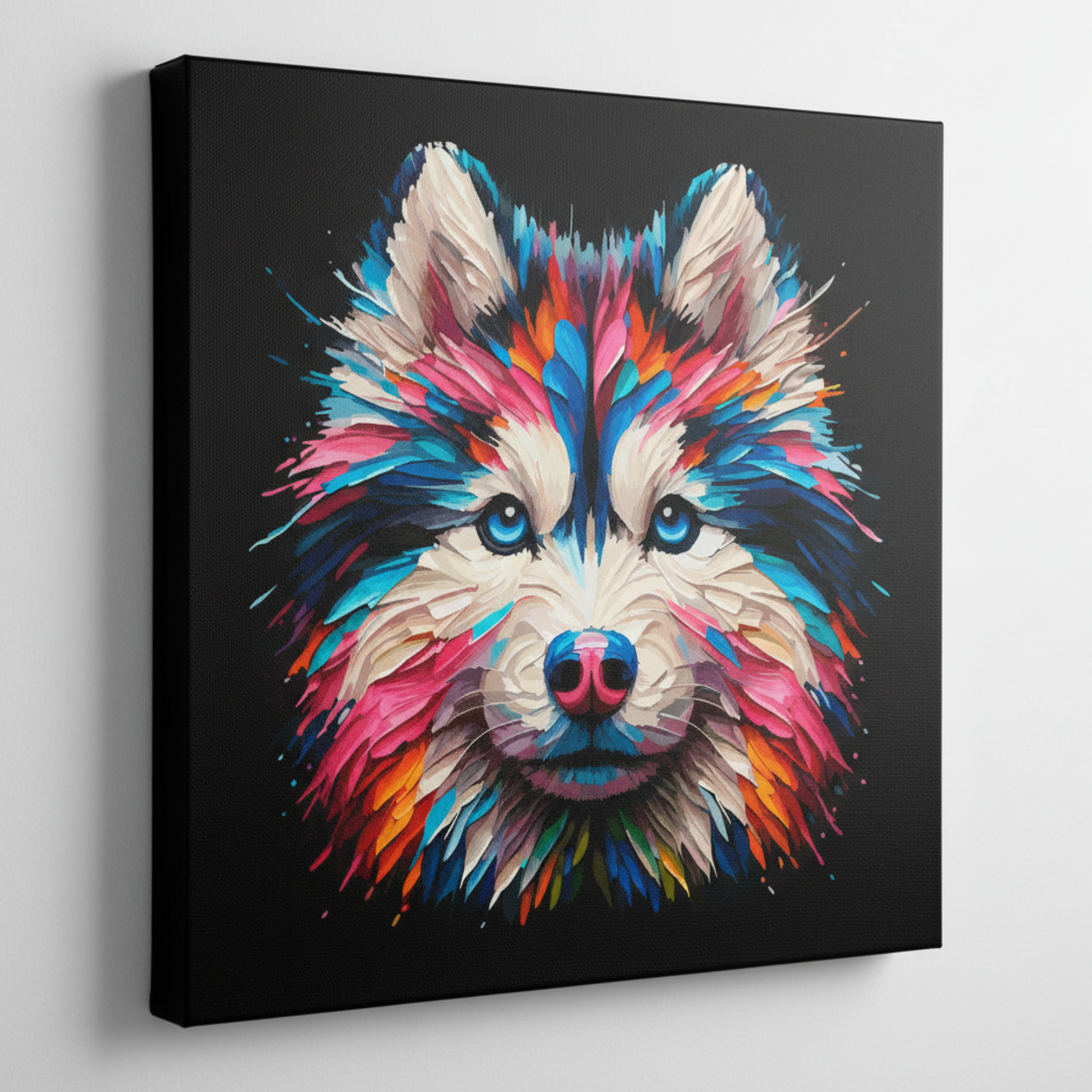 Colourful Gerberian Husky dog portrait canvas print - UK made abstract pet wall art black background