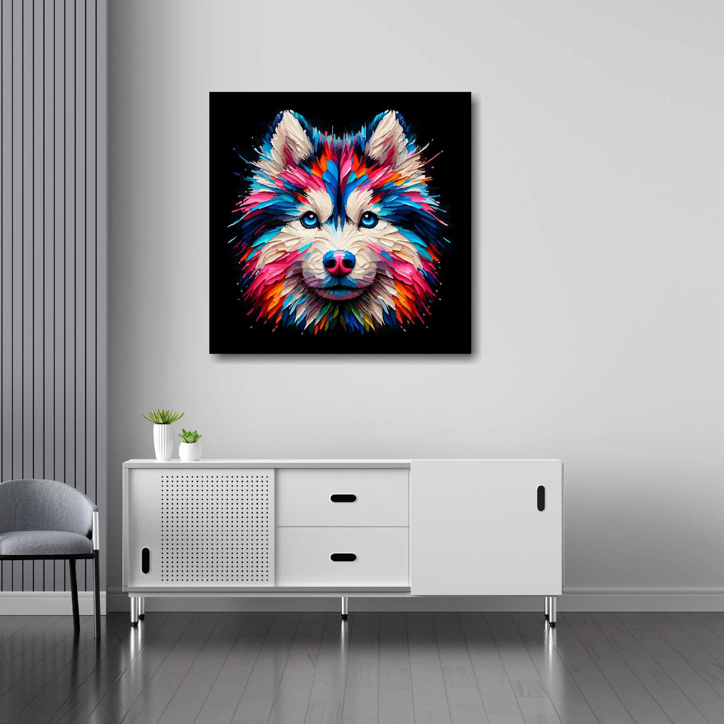 Gerberian Husky canvas 30x30 inches above sideboard - large colourful dog portrait UK made