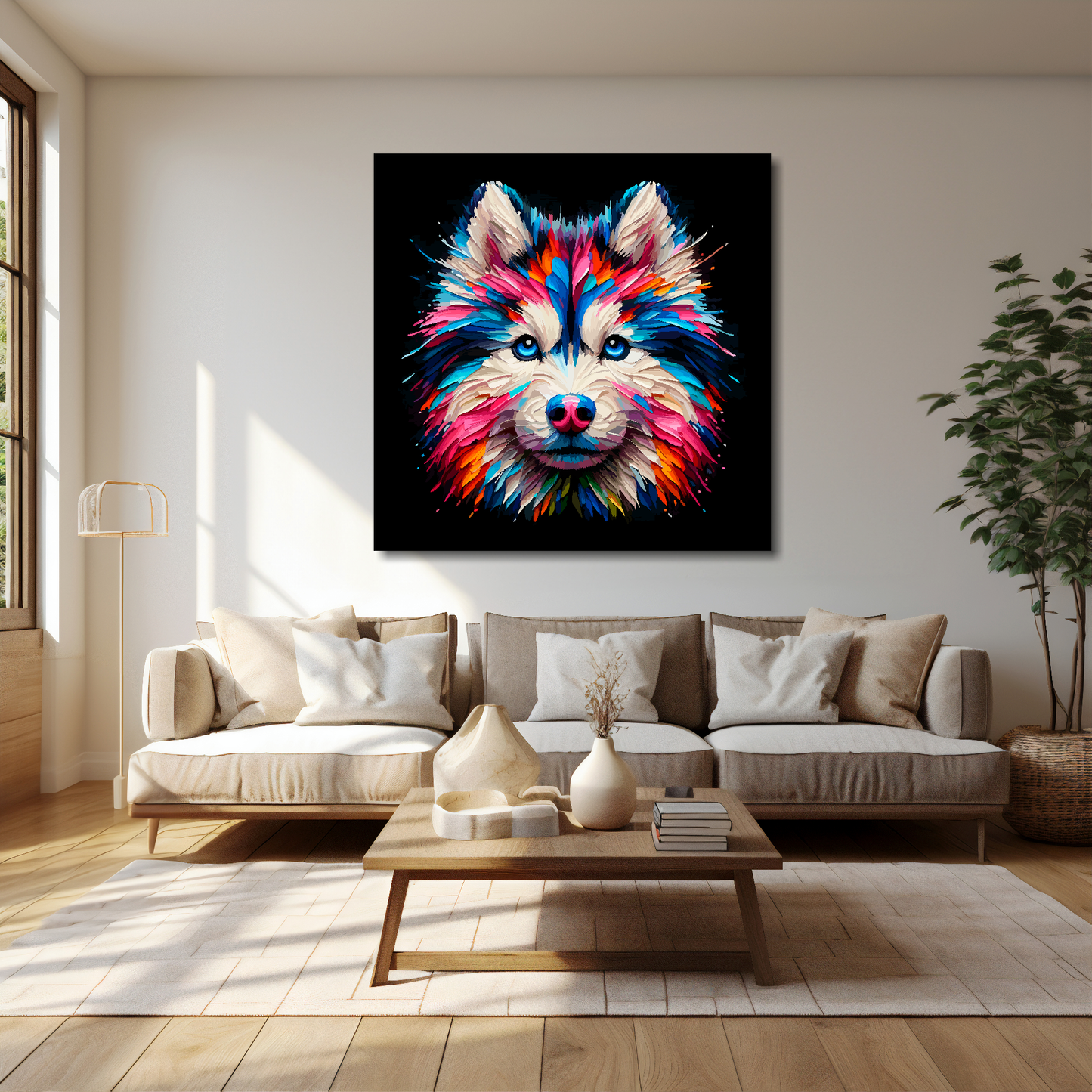 Gerberian Husky canvas 40x40 inches above cream sofa - XL vibrant dog wall art UK