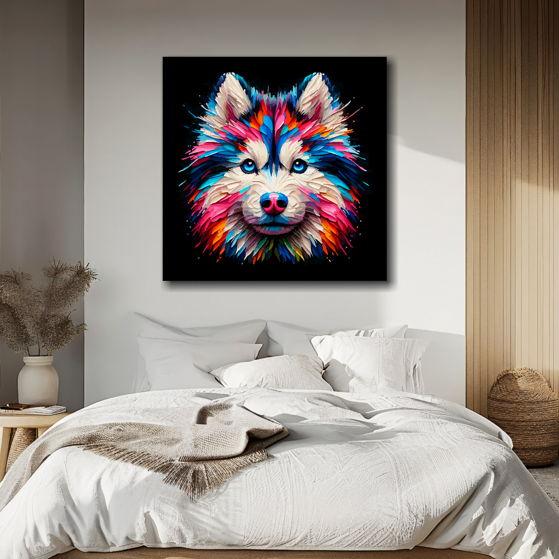 Gerberian Husky portrait canvas above bed - colourful dog wall decor for UK bedrooms