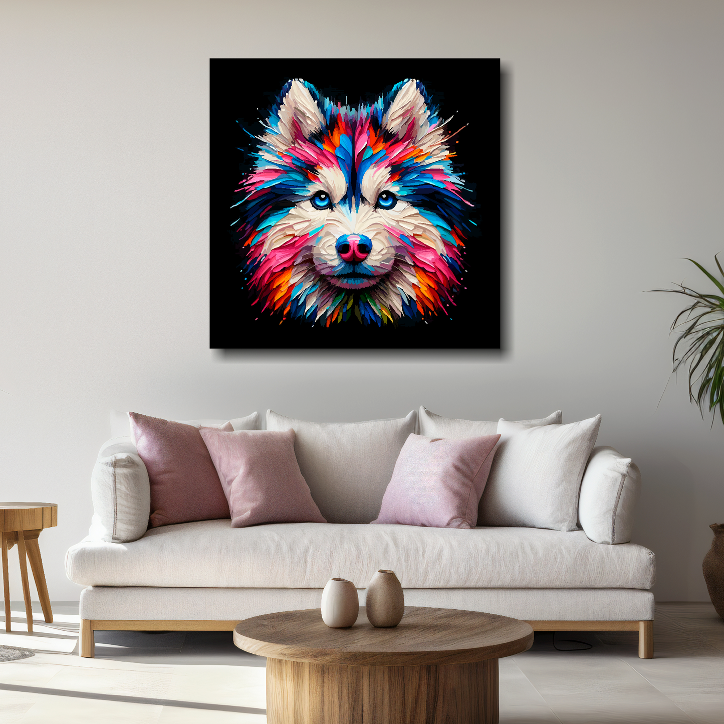 Large Gerberian Husky canvas above white sofa - vibrant abstract dog portrait wall art UK