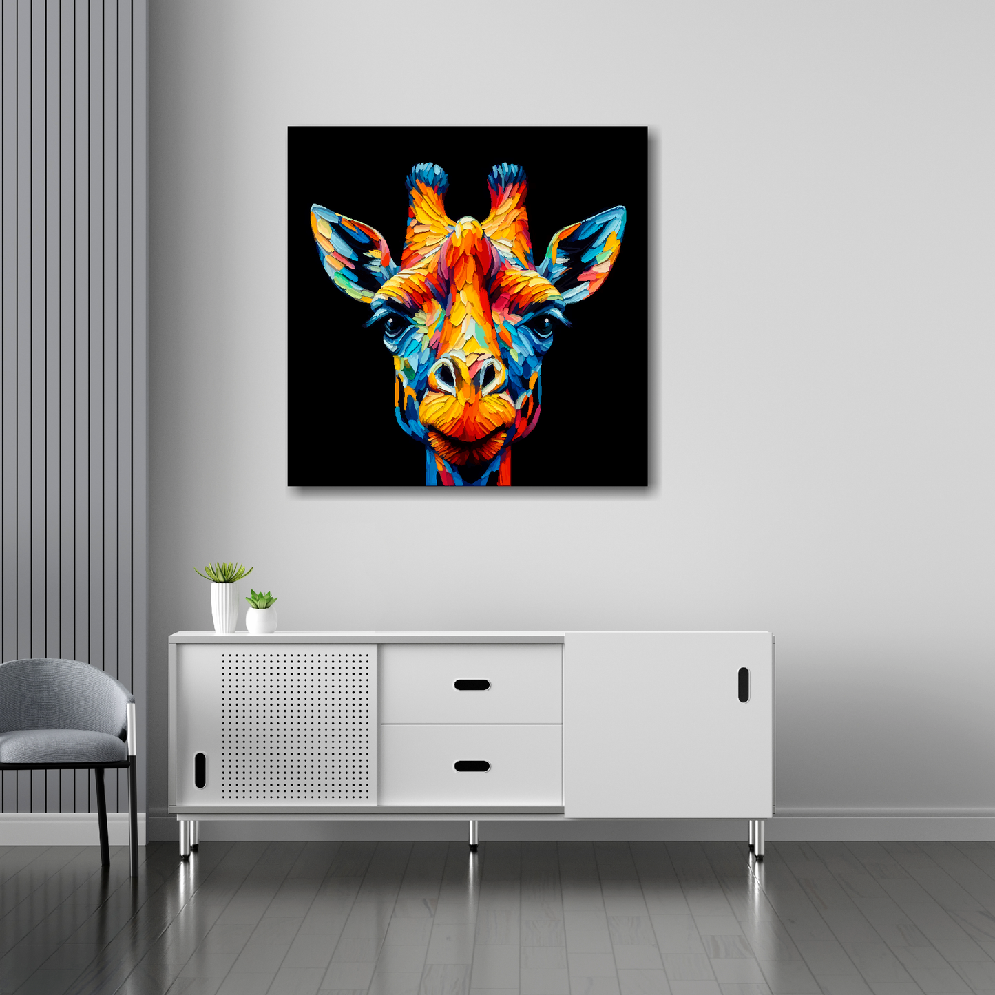 Giraffe canvas 30x30 inches above sideboard - large colourful wildlife portrait UK made