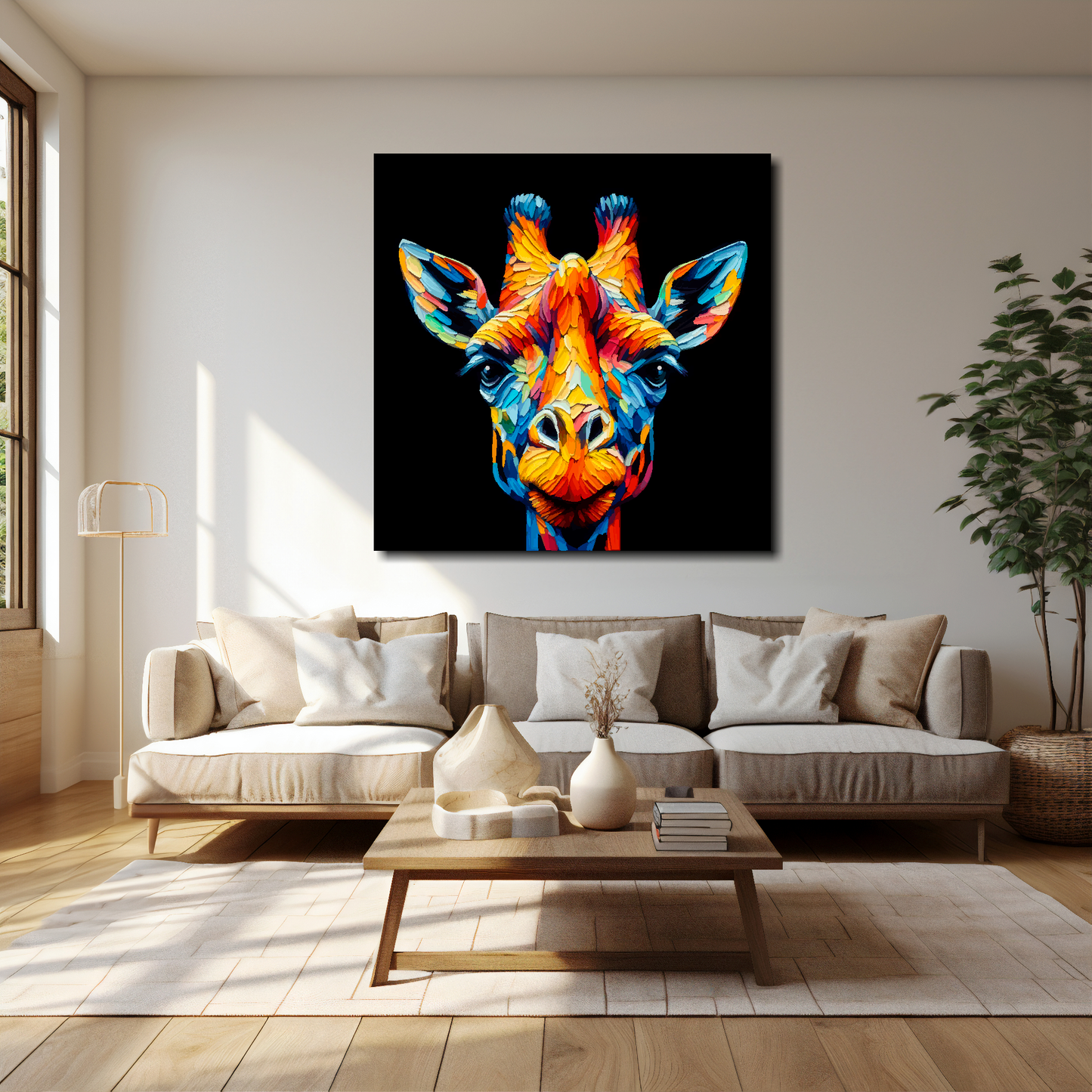Giraffe canvas 40x40 inches above cream sofa - XL vibrant wildlife wall art UK
