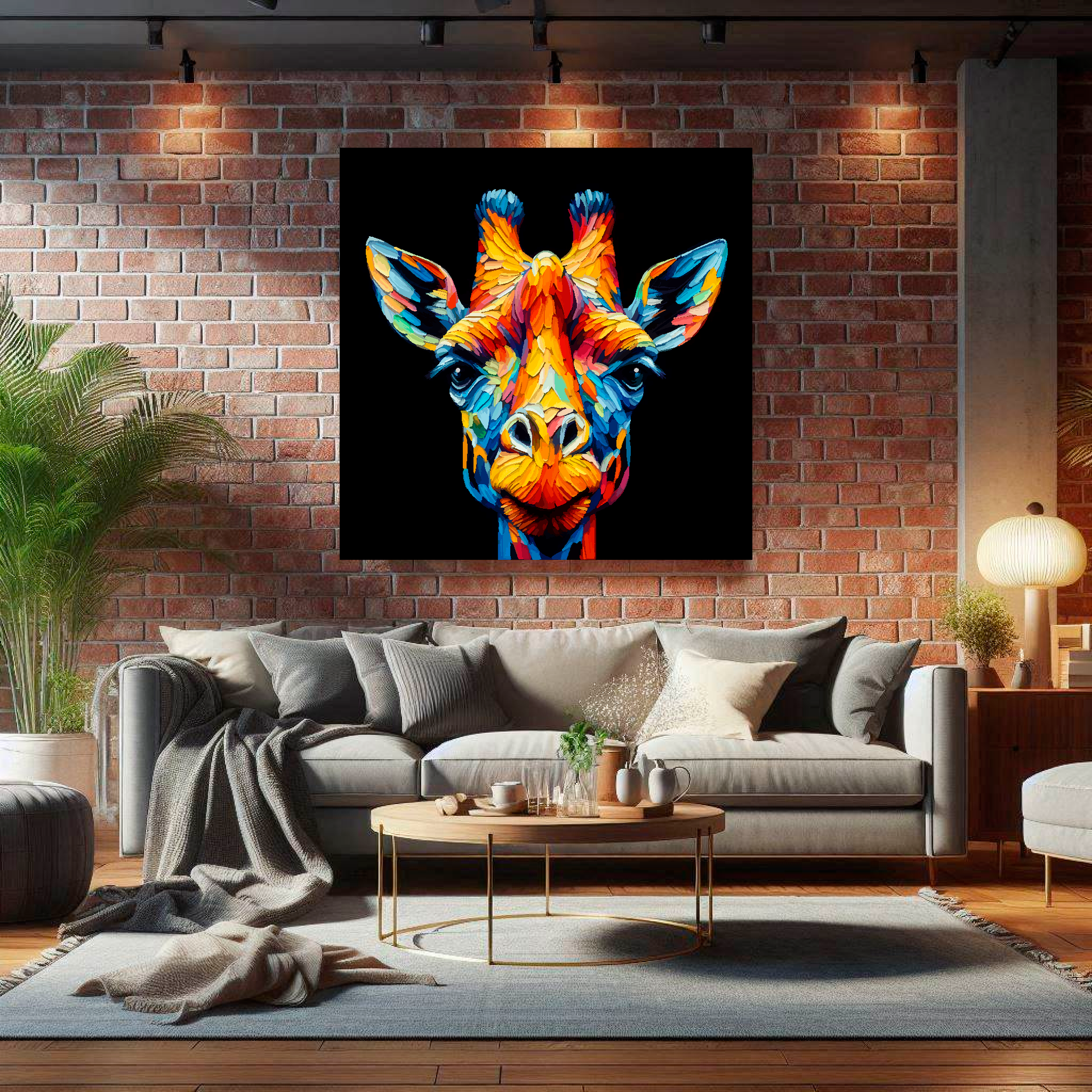 Large Giraffe canvas on brick wall above grey sofa - bold wildlife portrait UK living room