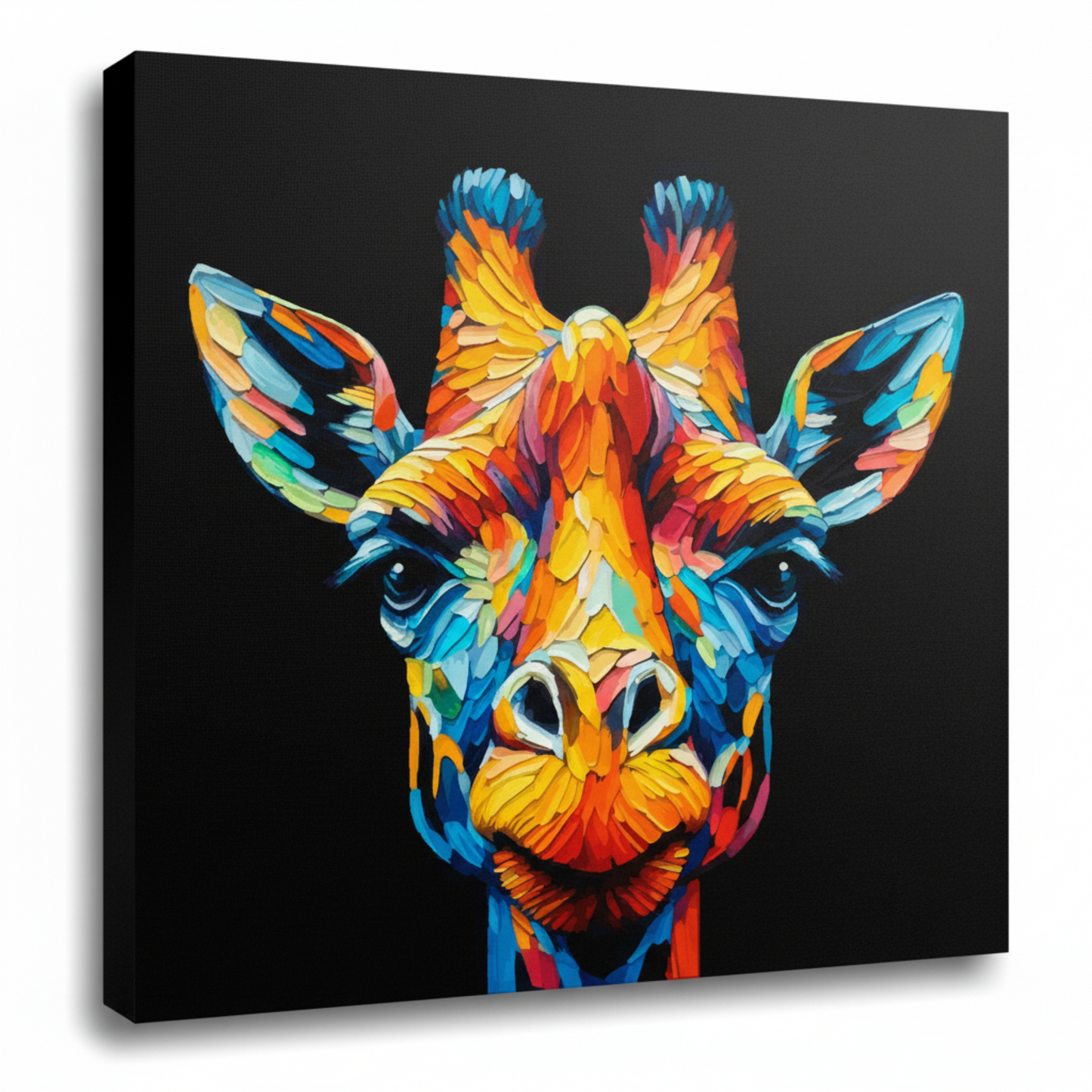 Colourful Giraffe wildlife portrait canvas print - UK made abstract animal wall art black background