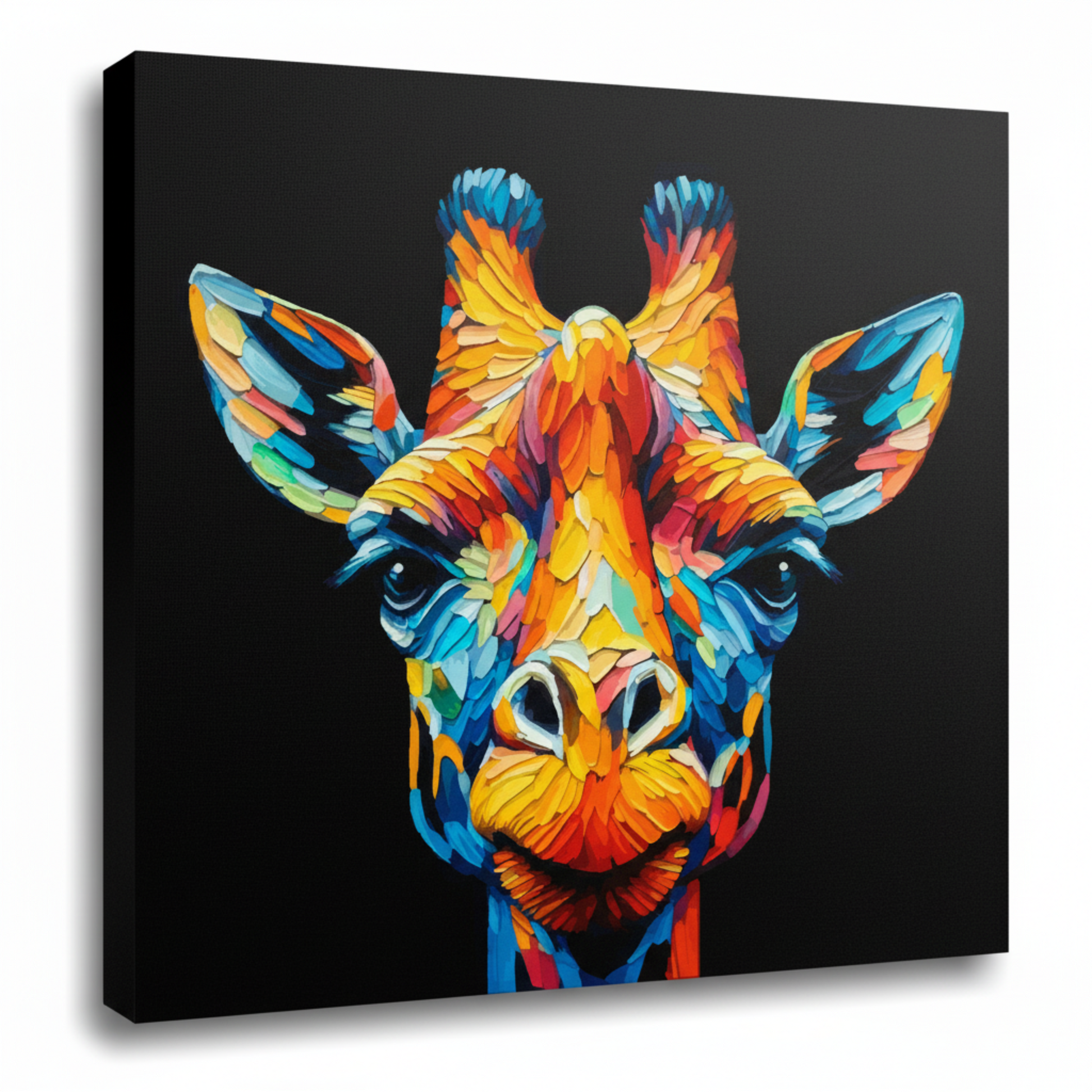 Colourful Giraffe wildlife portrait canvas print - UK made abstract animal wall art black background