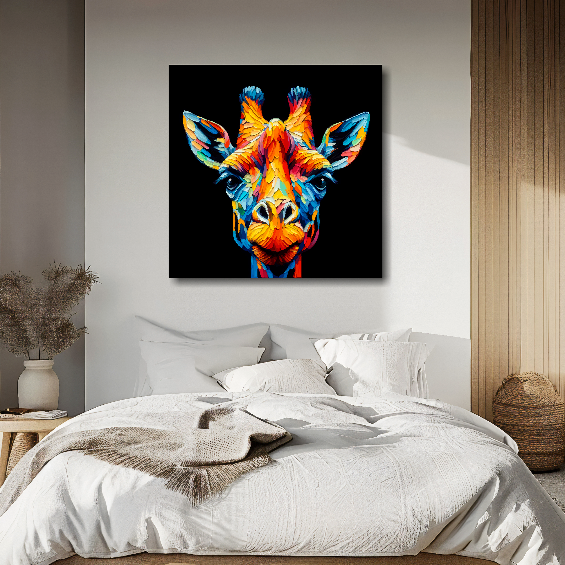 Giraffe portrait canvas above bed - colourful wildlife wall decor for UK bedrooms