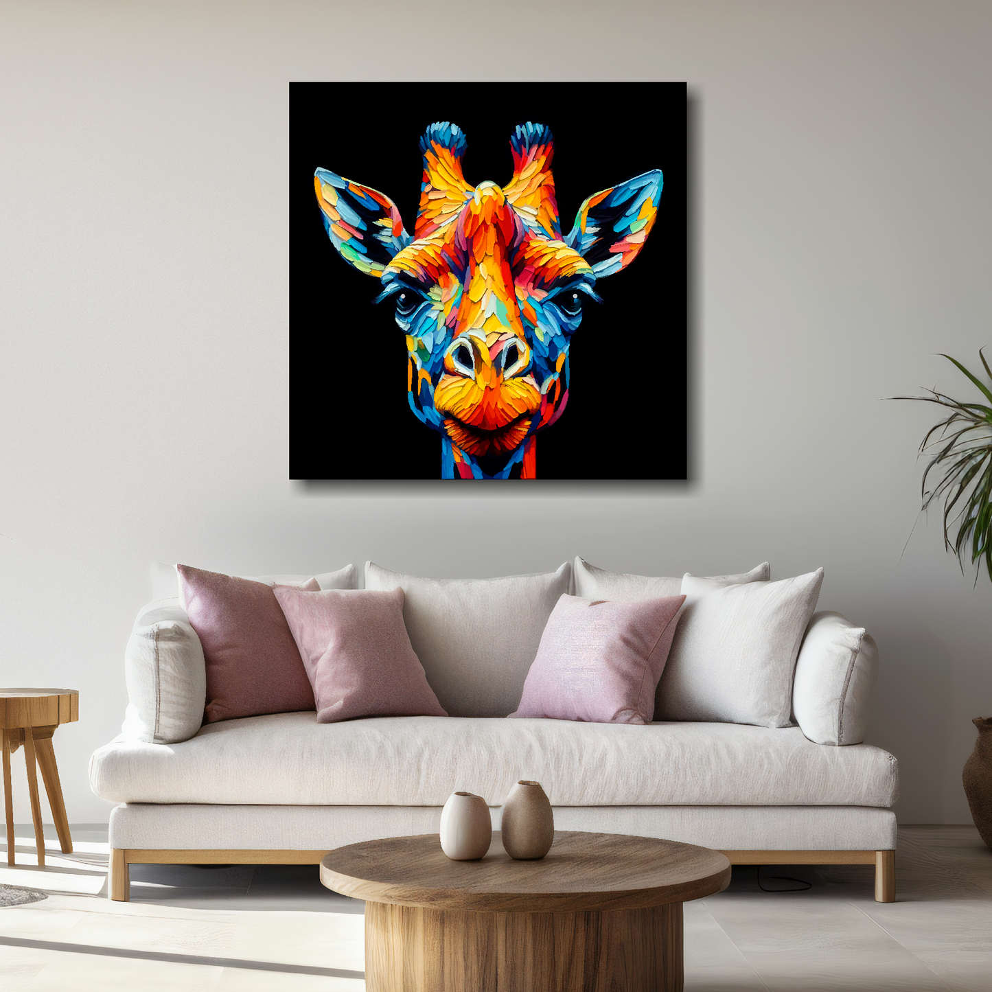 Large Giraffe canvas above white sofa - vibrant abstract wildlife portrait wall art UK