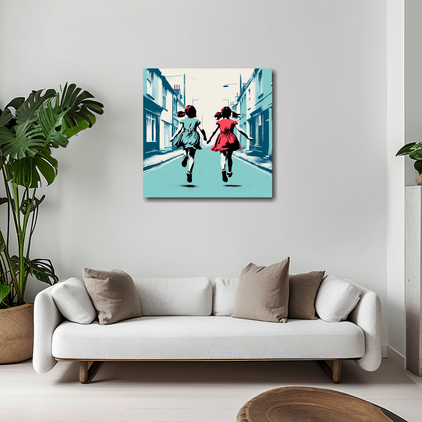 Girl best friends canvas 20x20 inches above white sofa - vibrant friendship wall art UK