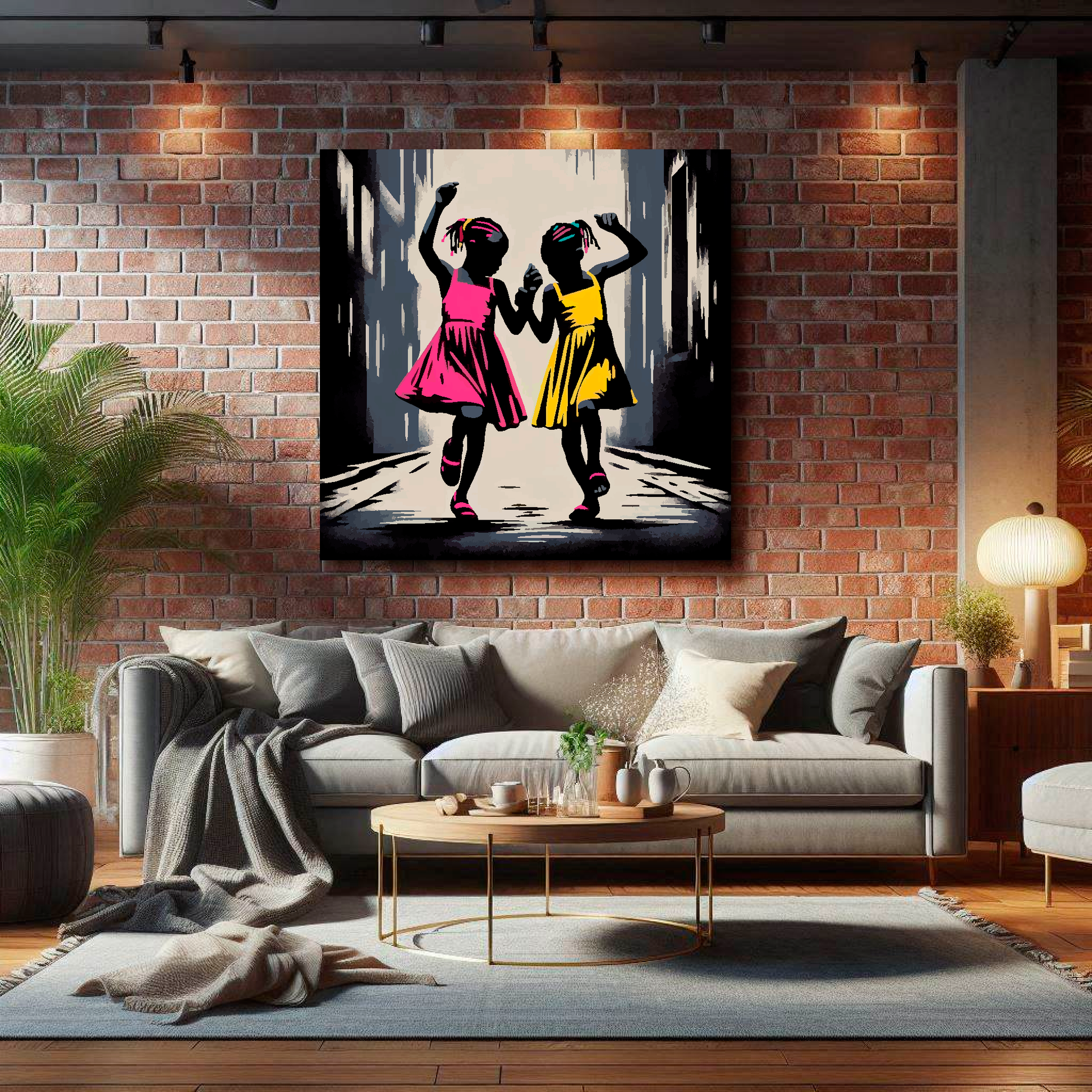 Large dancing in the street canvas on brick wall above grey sofa - bold dance art UK living room