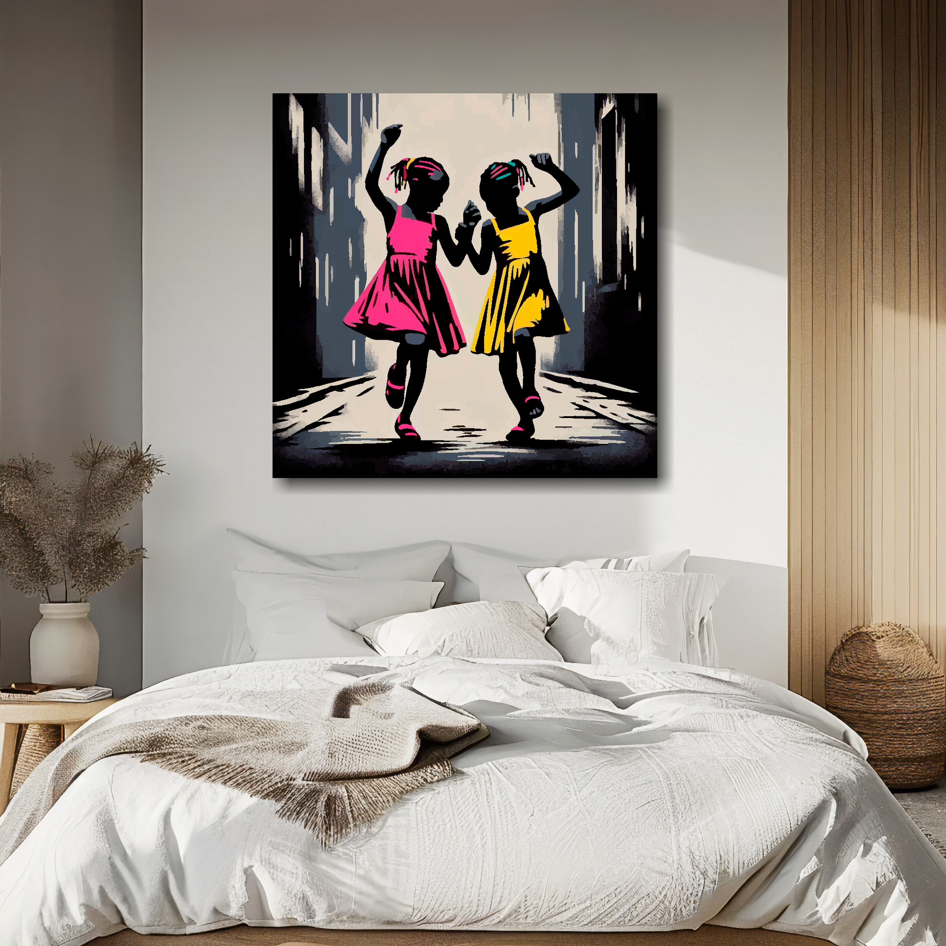 Dancing in the street canvas above bed - colourful dance wall decor for UK bedrooms