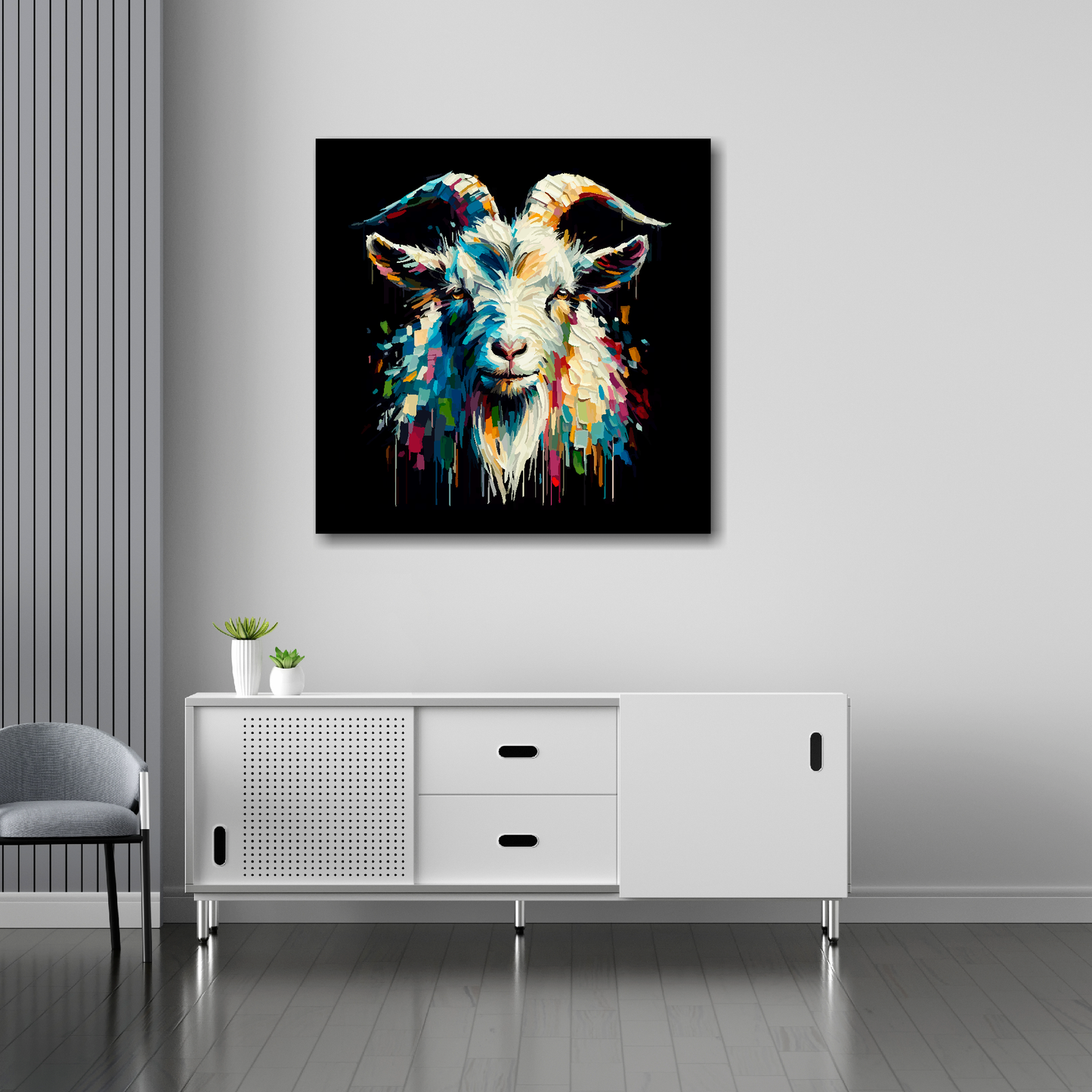 Goat canvas 30x30 inches above sideboard - large colourful farm animal portrait UK made