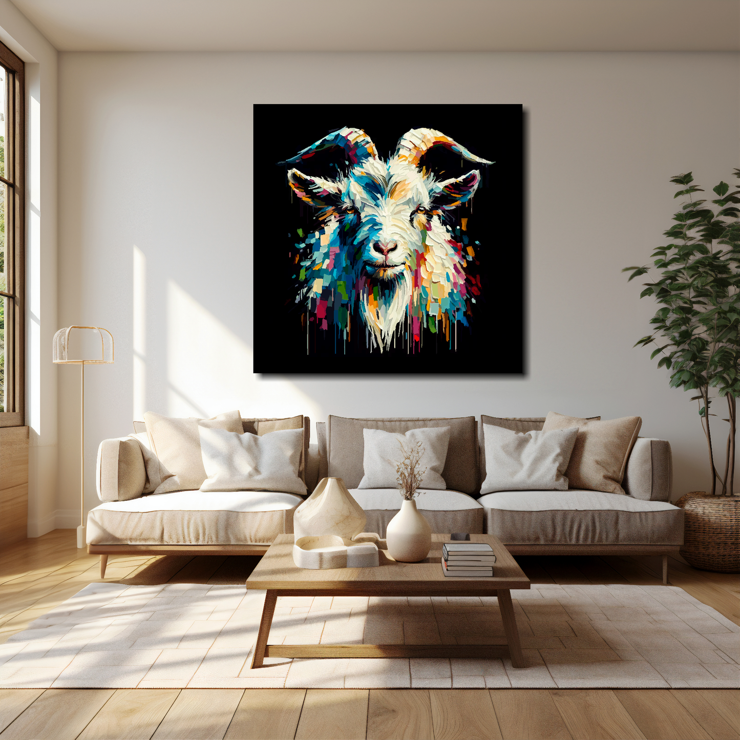 Goat canvas 40x40 inches above cream sofa - XL vibrant farm animal wall art UK