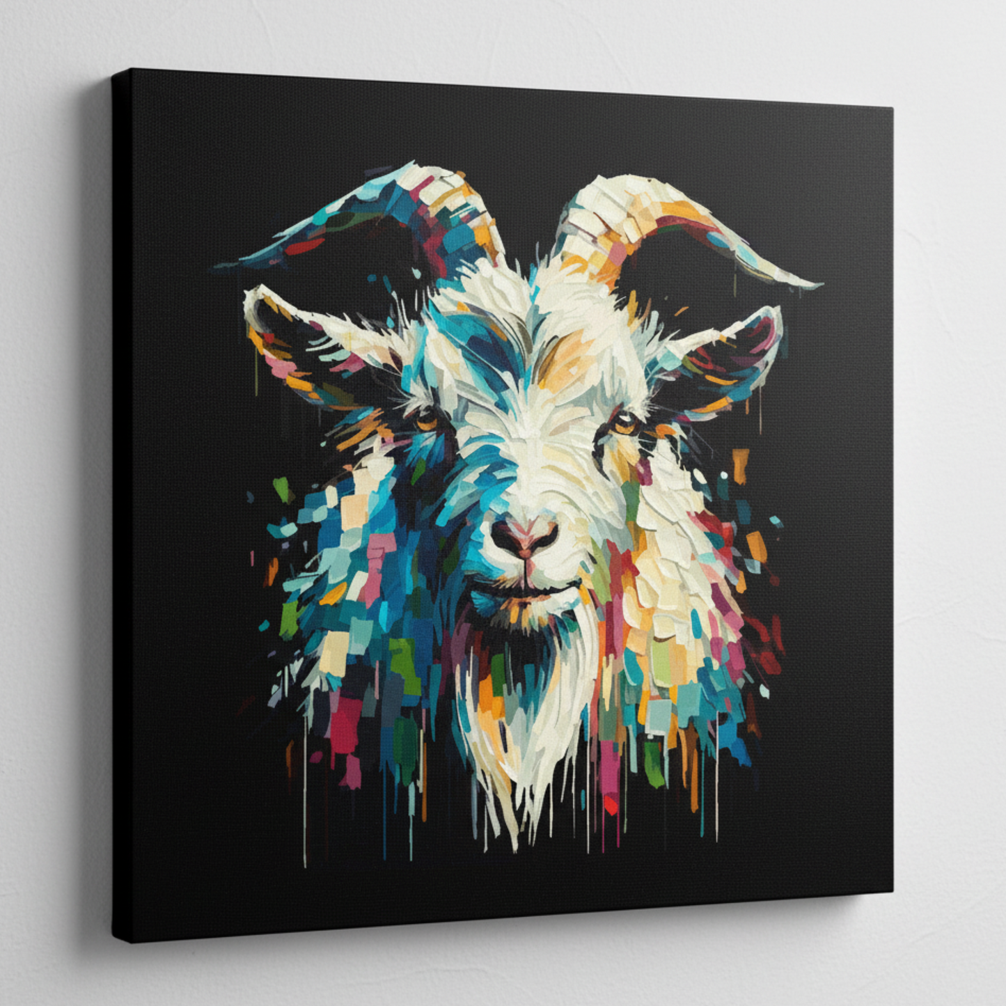 Colourful Goat farm animal portrait canvas print - UK made abstract wall art black background