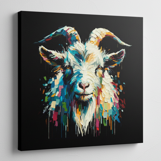 Colourful Goat farm animal portrait canvas print - UK made abstract wall art black background