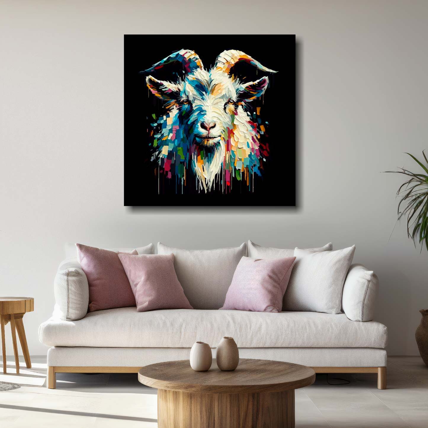 Large Goat canvas above white sofa - vibrant abstract farm animal portrait wall art UK