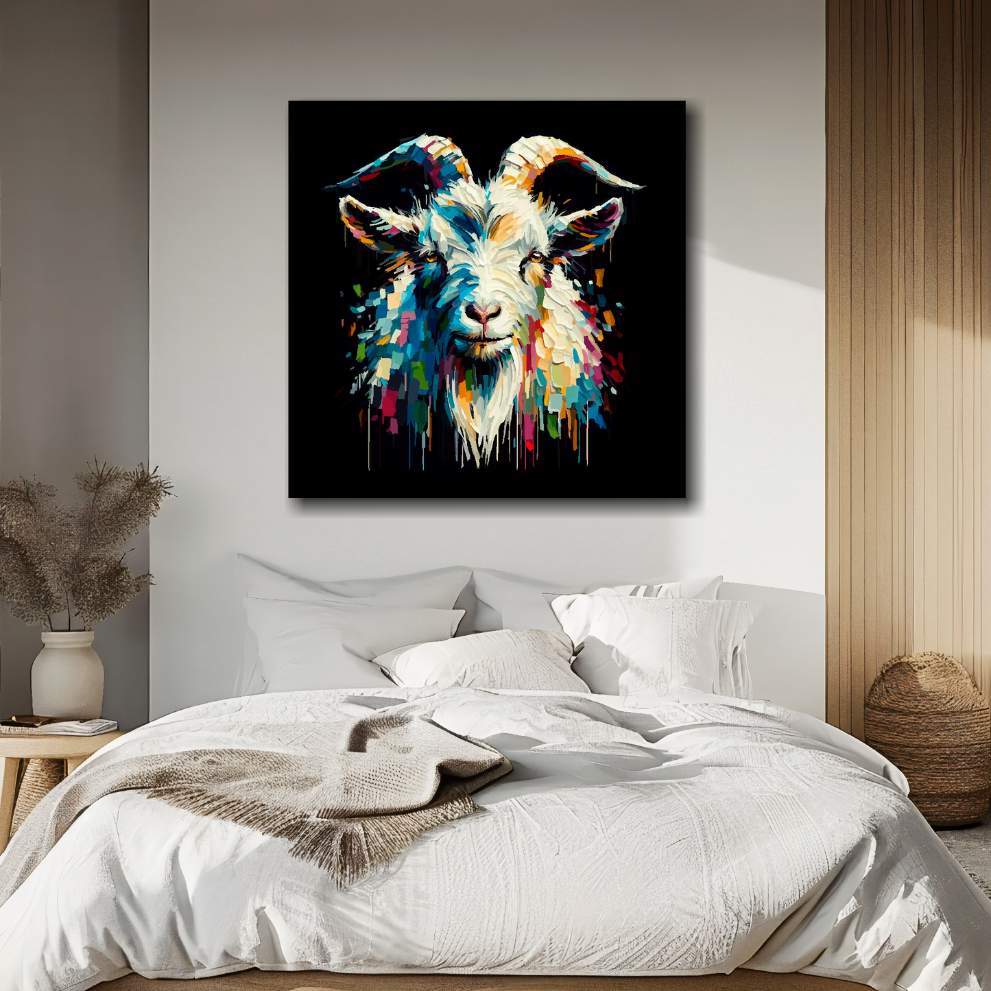 Goat portrait canvas above bed - colourful farm animal wall decor for UK bedrooms