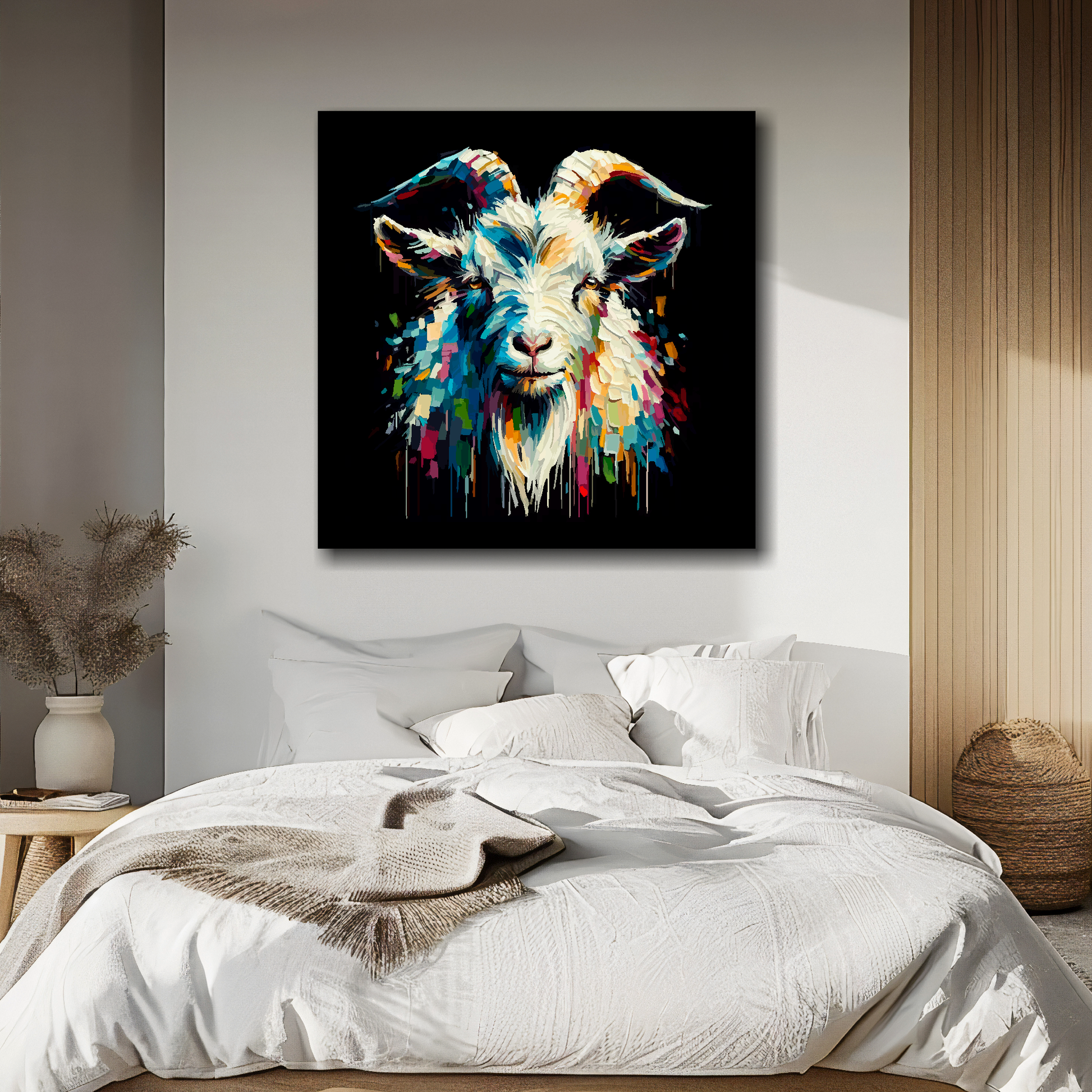 Goat portrait canvas above bed - colourful farm animal wall decor for UK bedrooms