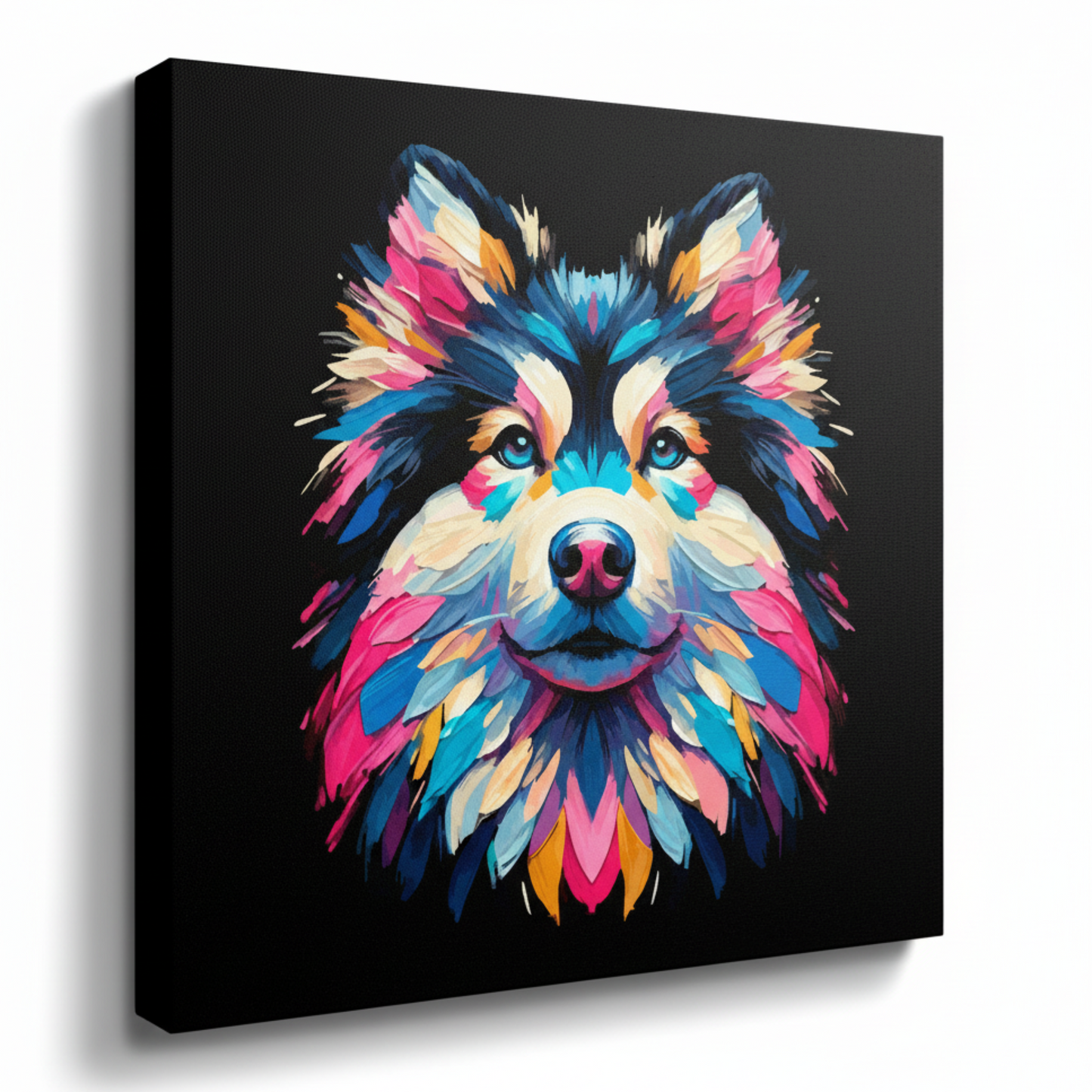 Colourful Goberian dog portrait canvas print - UK made abstract pet wall art black background