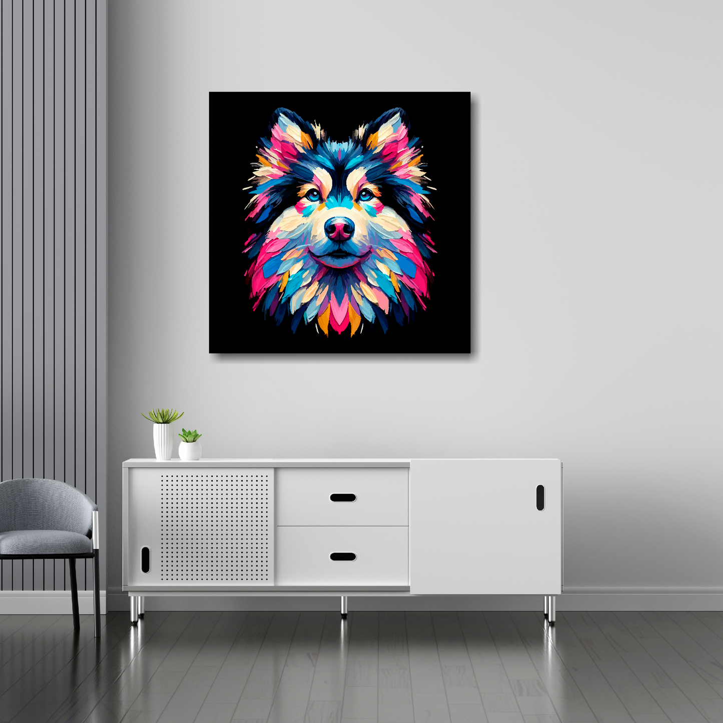 Goberian canvas 30x30 inches above sideboard - large colourful dog portrait UK made