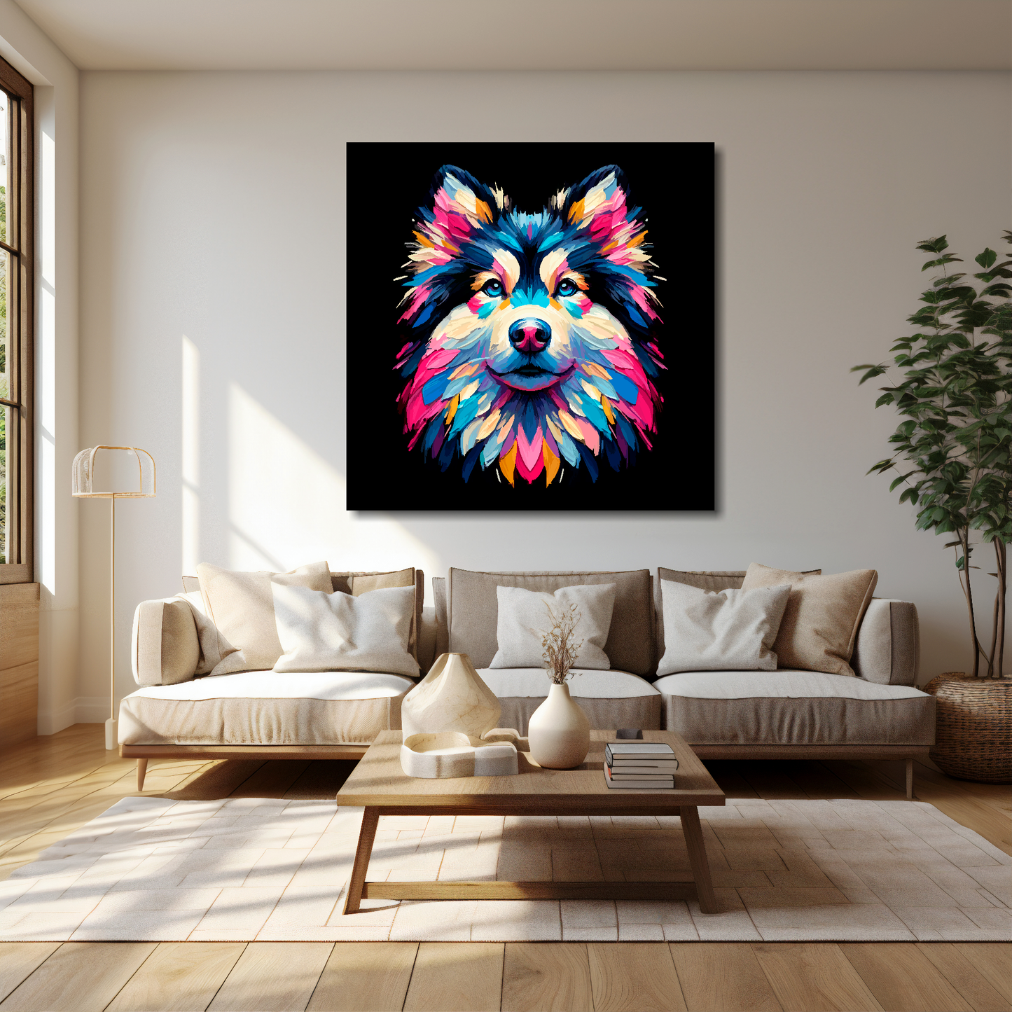 Goberian canvas 40x40 inches above cream sofa - XL vibrant dog wall art UK