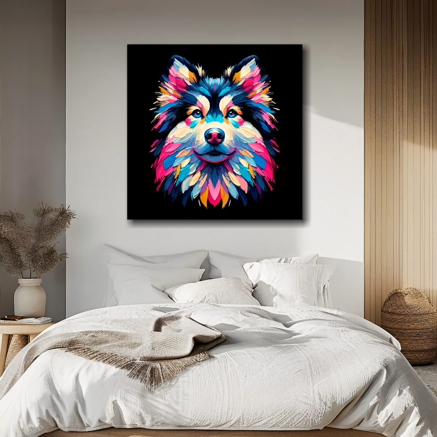 Goberian portrait canvas above bed - colourful dog wall decor for UK bedrooms