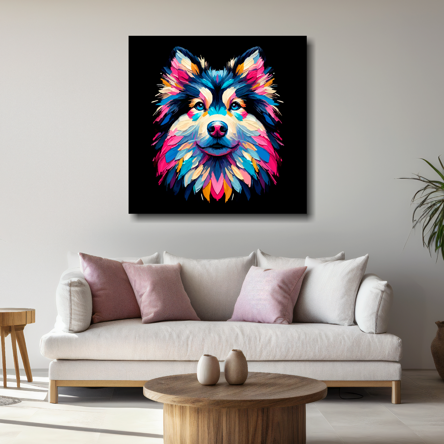 Large Goberian canvas above white sofa - vibrant abstract dog portrait wall art UK