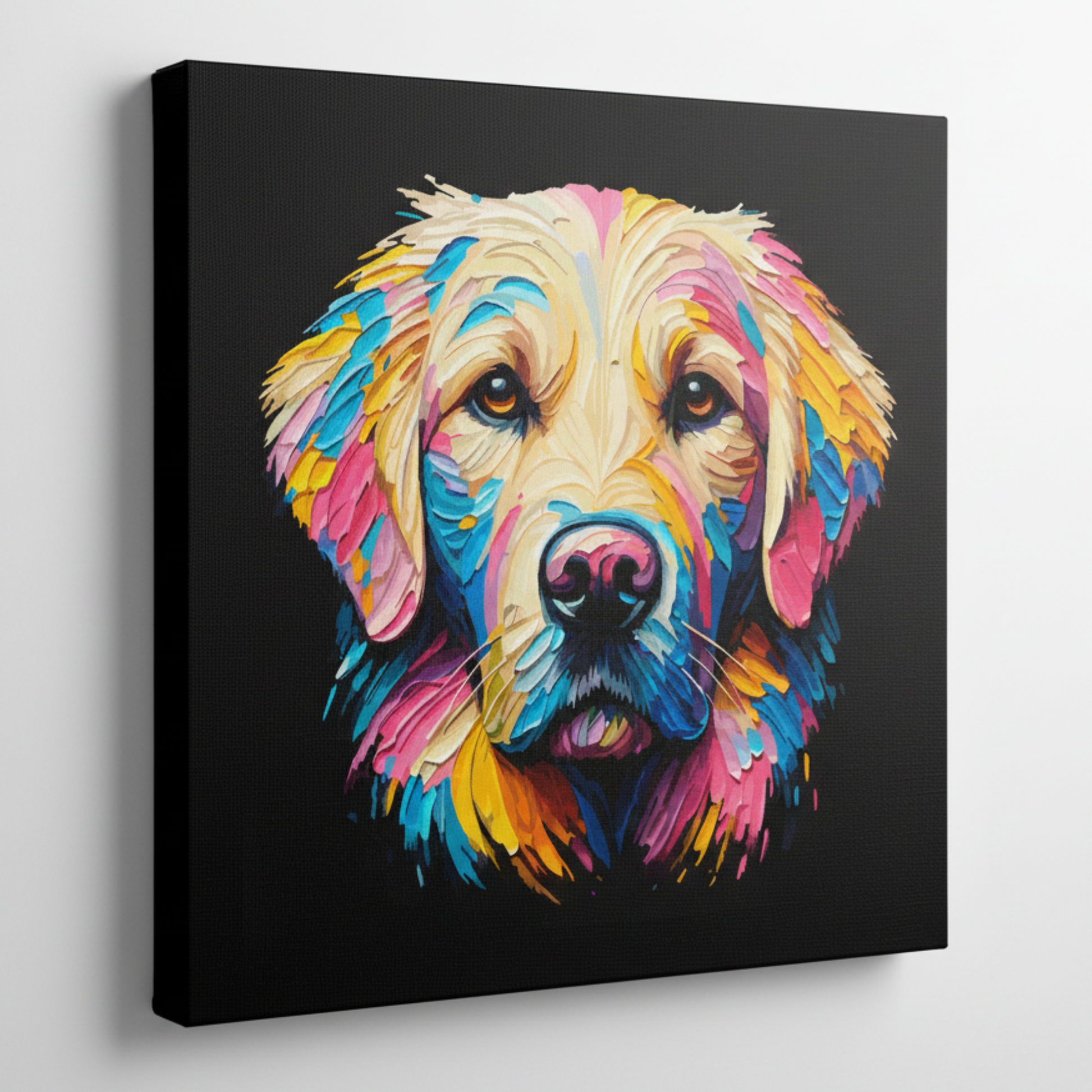 Colourful Goldador dog portrait canvas print - UK made abstract pet wall art black background