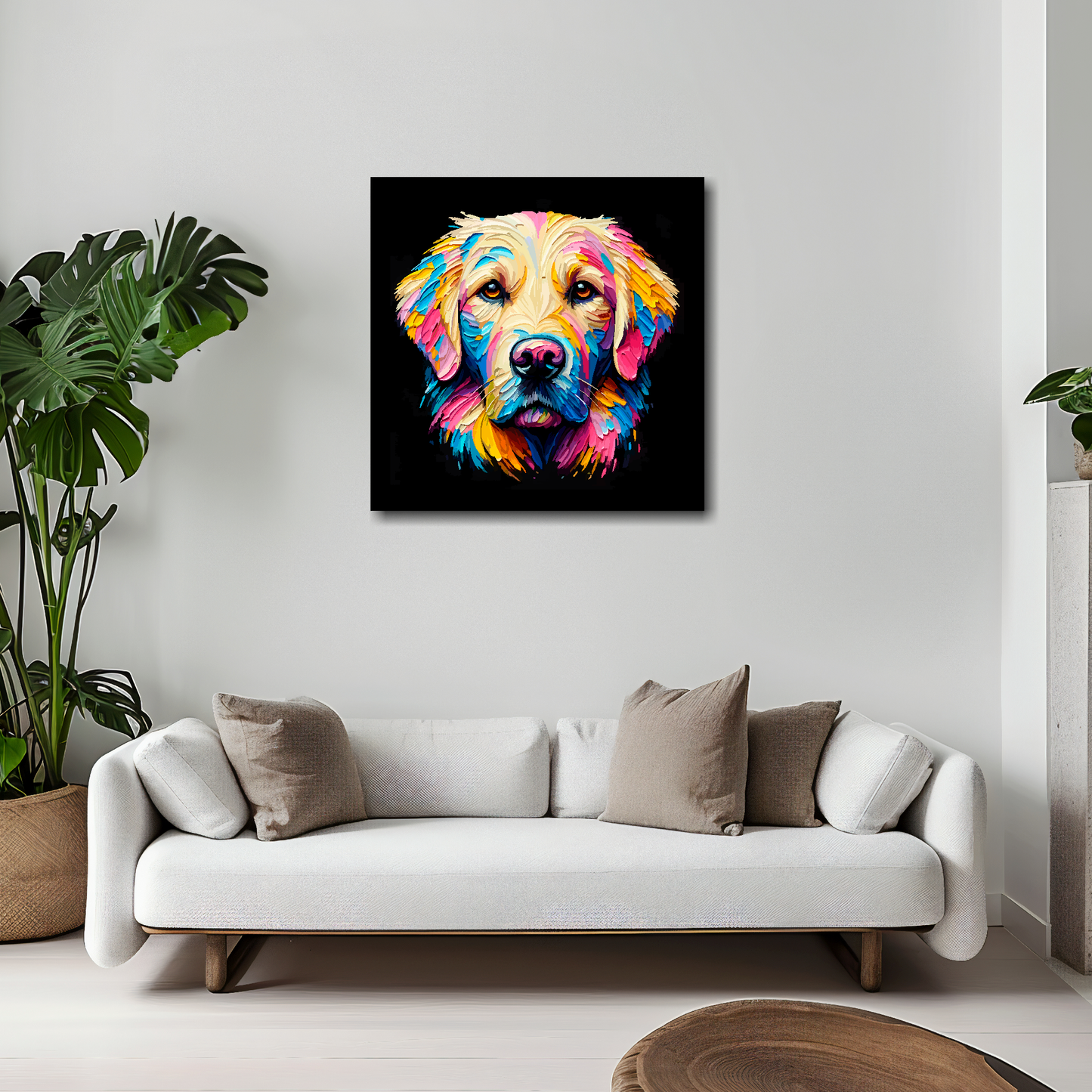 Goldador canvas 20x20 inches above white sofa - vibrant dog portrait wall art UK