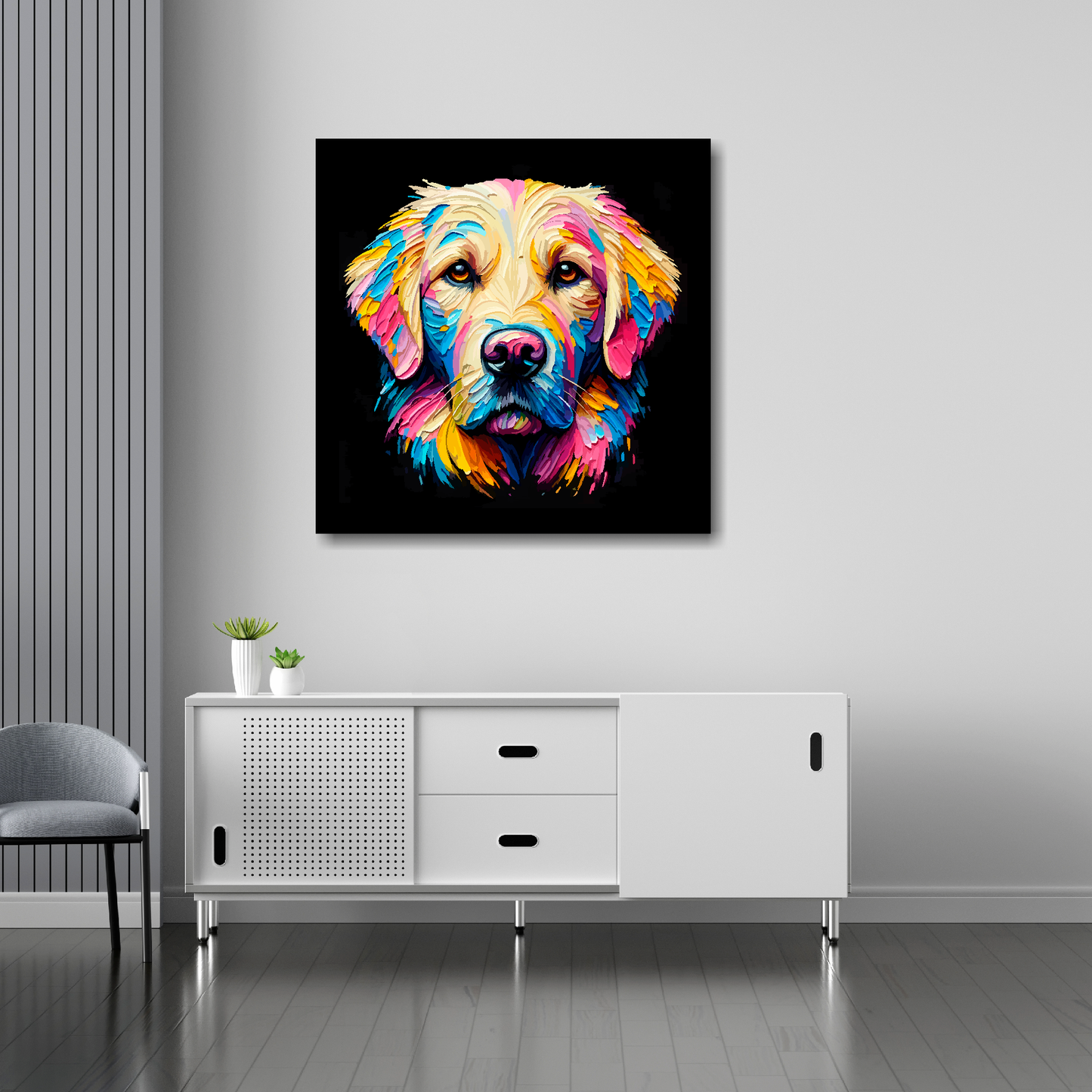 Goldador canvas 30x30 inches above sideboard - large colourful dog portrait UK made