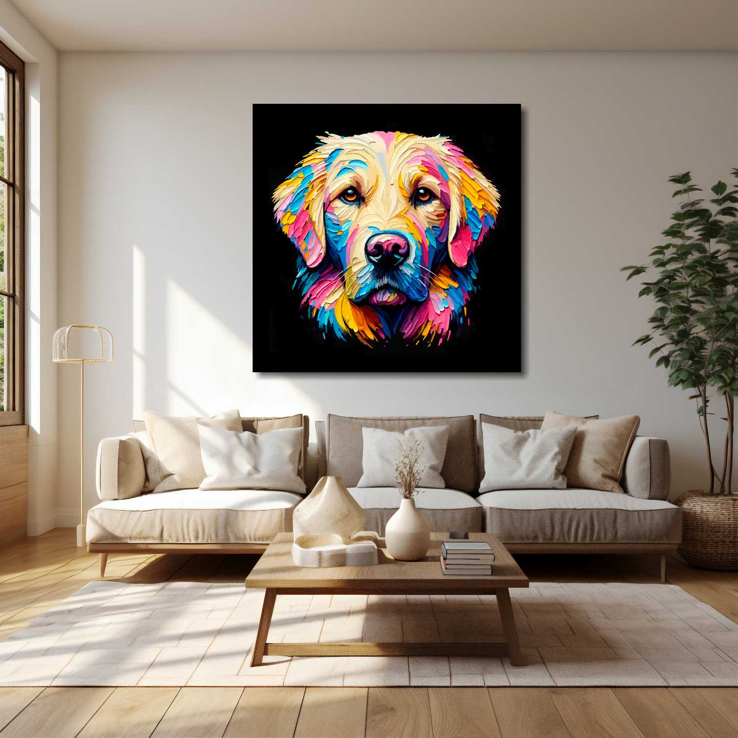 Goldador canvas 40x40 inches above cream sofa - XL vibrant dog wall art UK